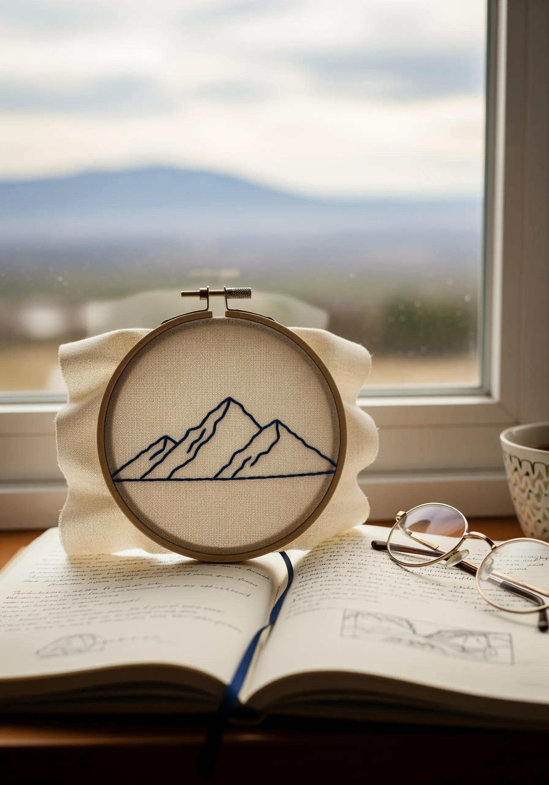 Minimalist line art embroidery of a mountain range in a small hoop.