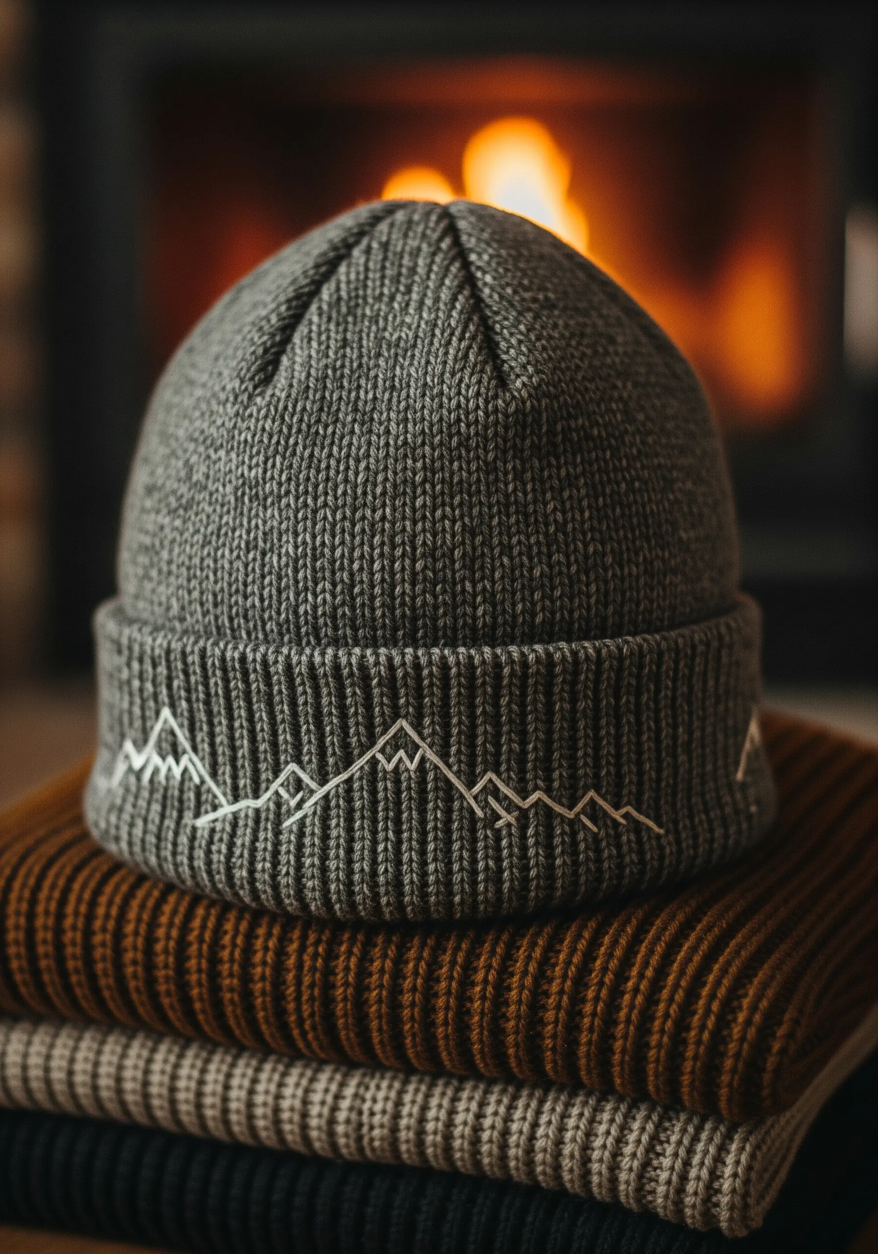 A minimalist white line art mountain range embroidered on the cuff of a gray knit beanie.