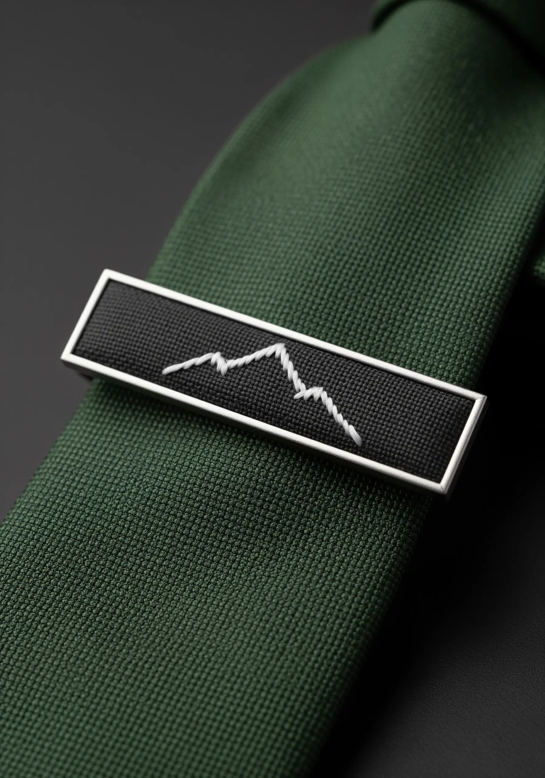 A minimalist embroidered tie clip with a white backstitched mountain range on black fabric.