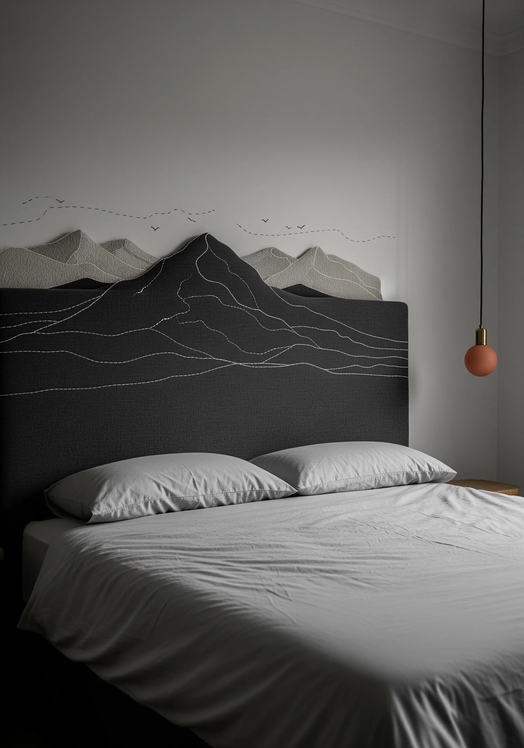 Embroidered mountain range on a dark grey upholstered headboard.