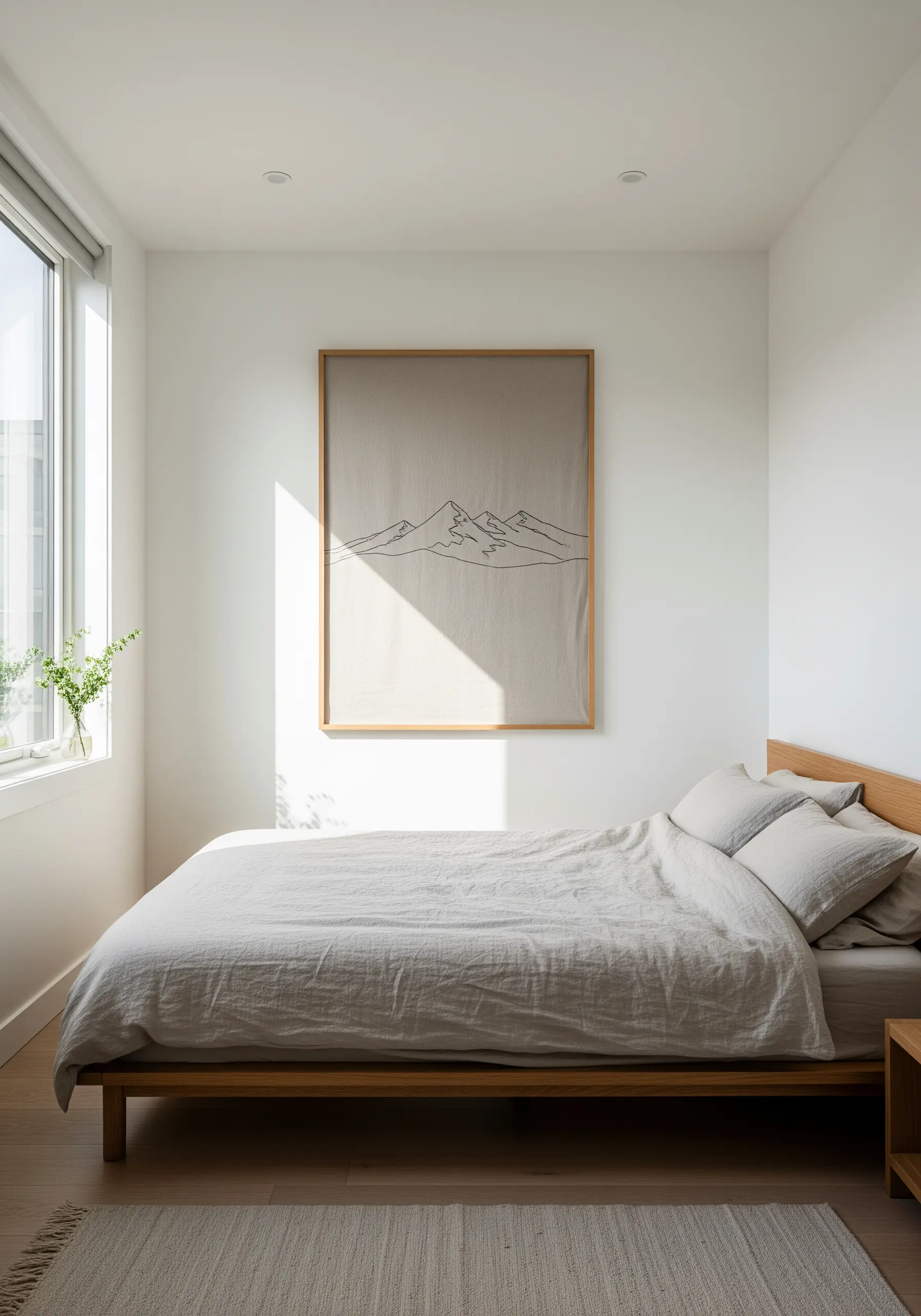 Minimalist single-line embroidery of a mountain range on a large, framed linen wall hanging.