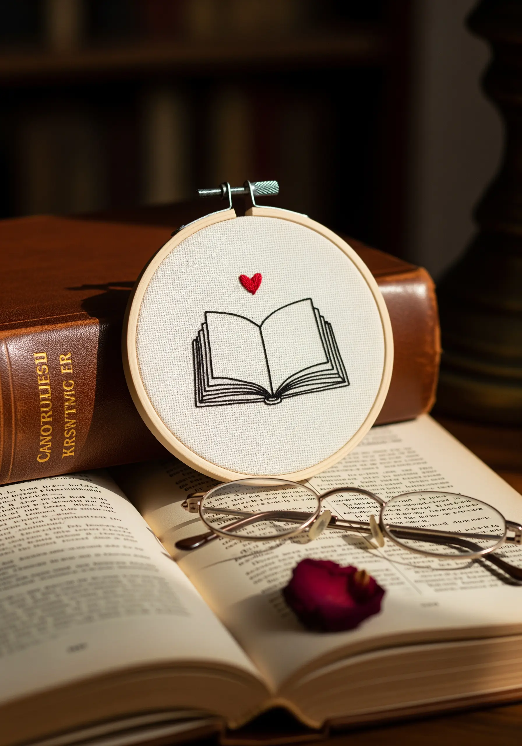 Minimalist line art embroidery of an open book with a tiny red heart above it.