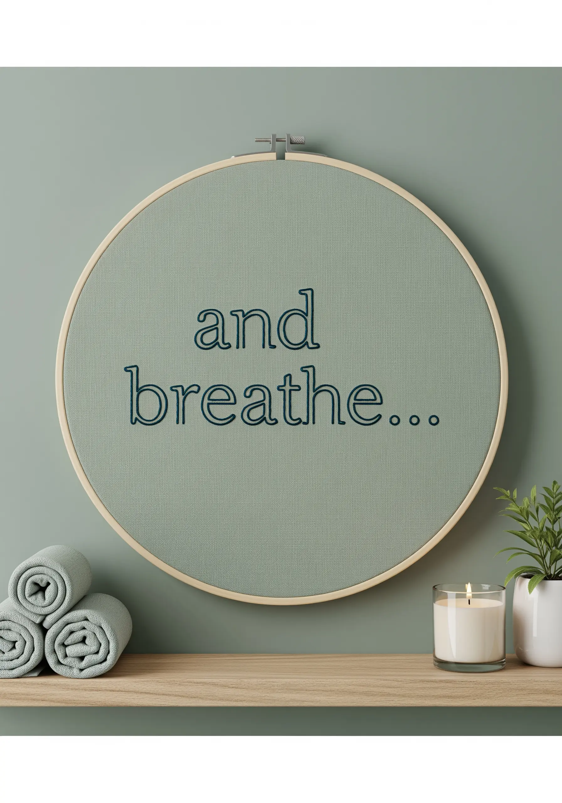 The phrase 'and breathe...' embroidered in a simple navy blue outline on sage green fabric.