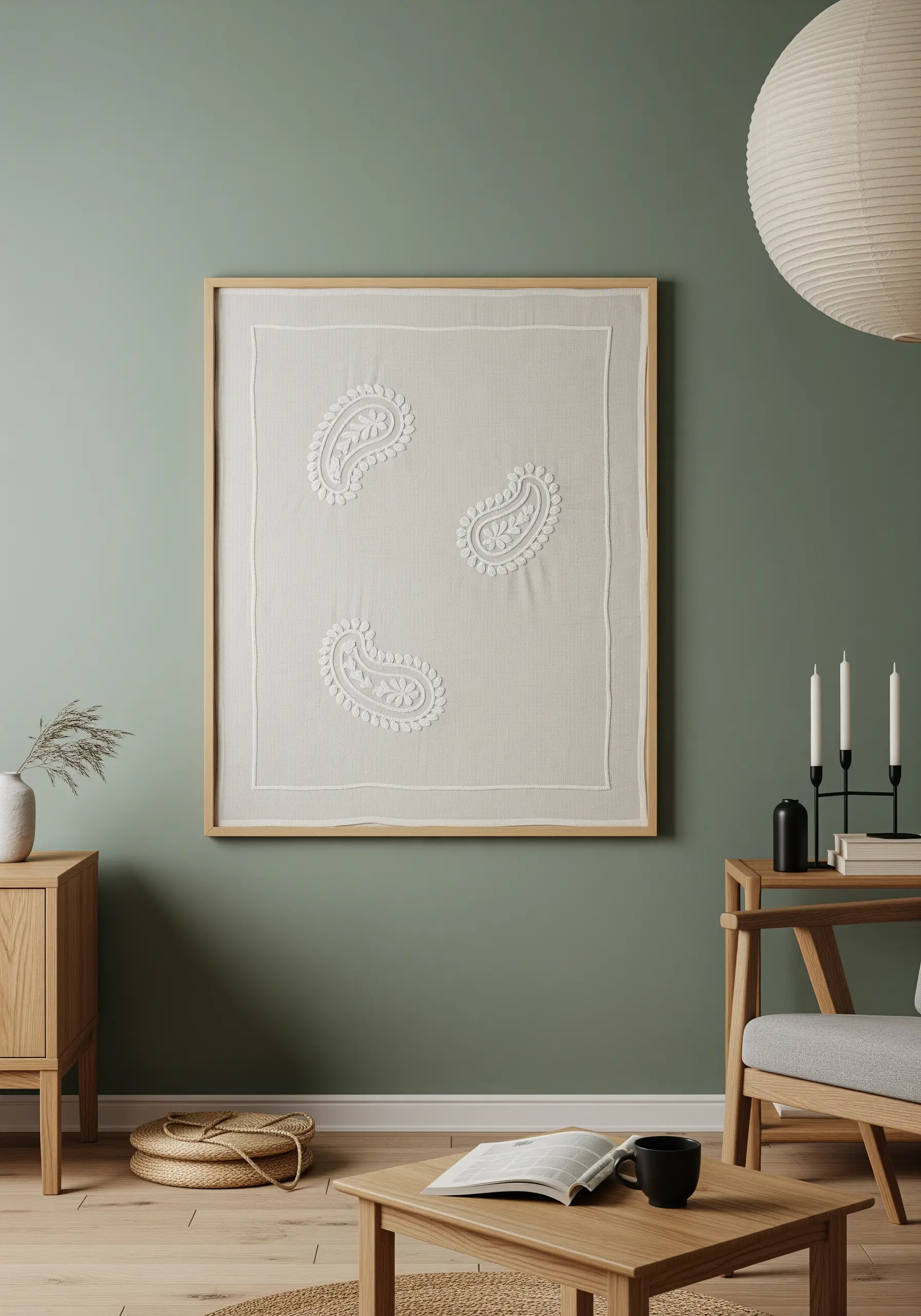 Minimalist framed art with three white embroidered paisley motifs on neutral linen fabric.