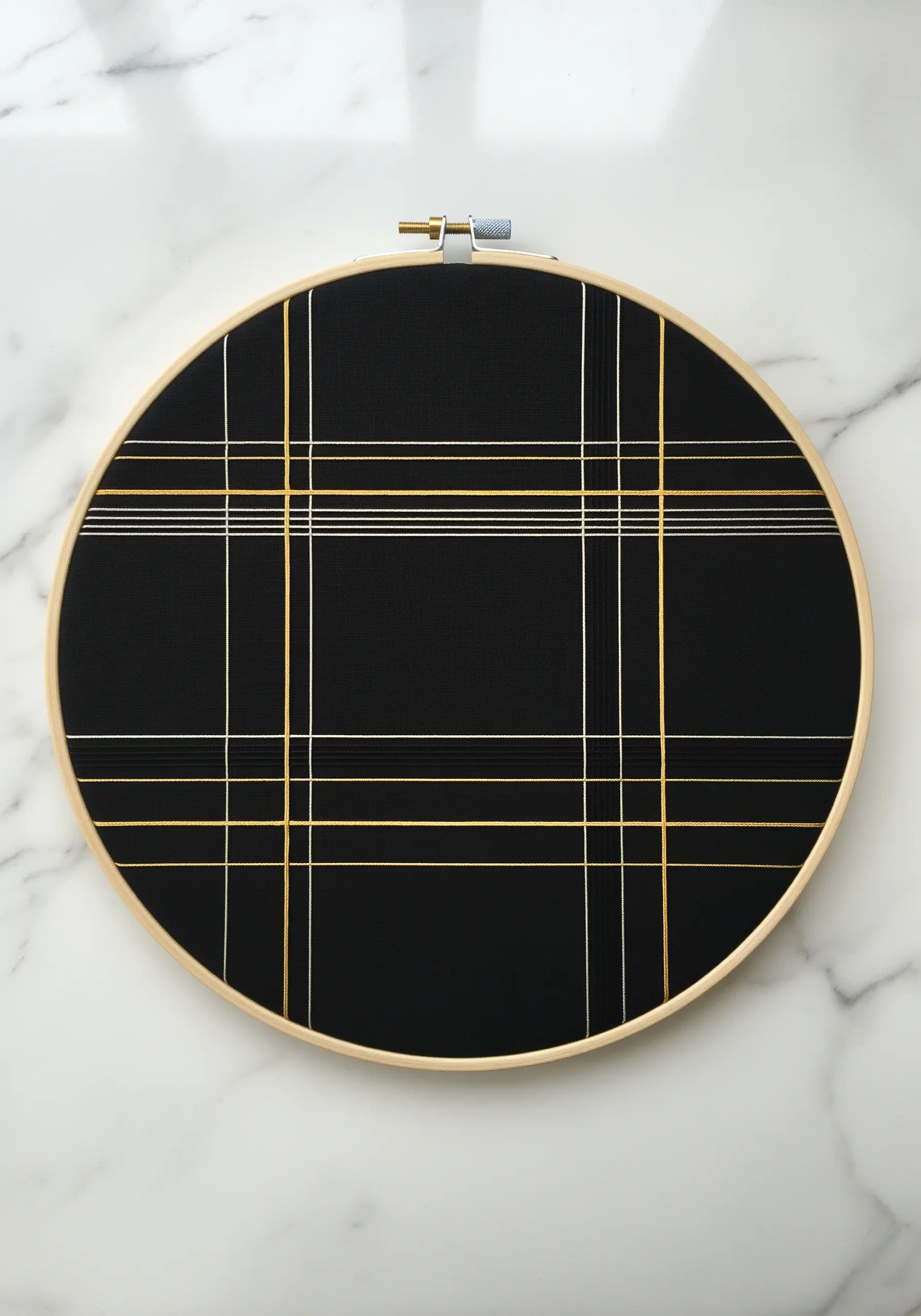A minimalist plaid pattern of gold and white lines stitched on black fabric in a hoop.