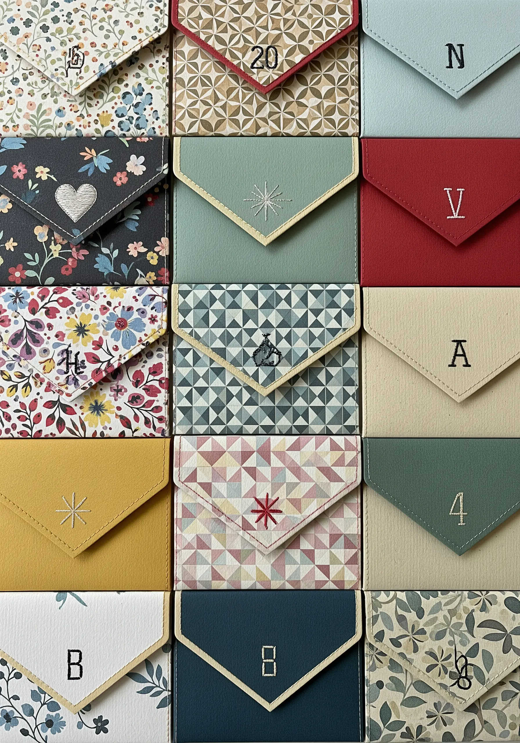 A collection of colorful paper envelopes decorated with tiny, minimalist embroidered motifs.