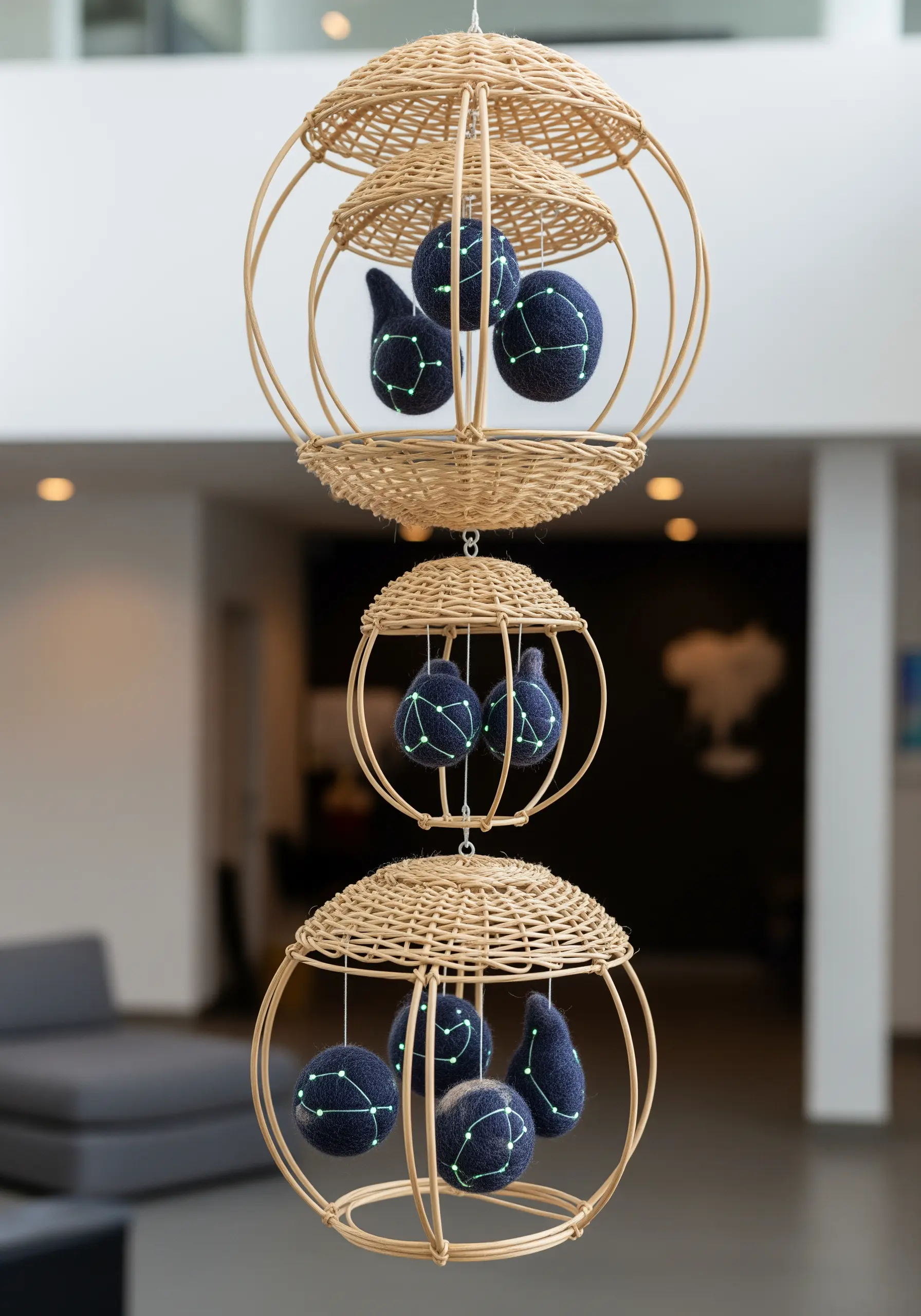 Felted wool spheres with stitched constellation patterns hanging inside woven baskets.