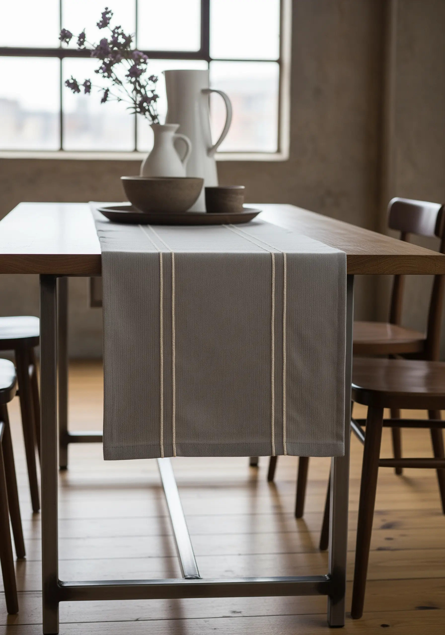 Two parallel vertical lines embroidered in cream on a dark gray runner