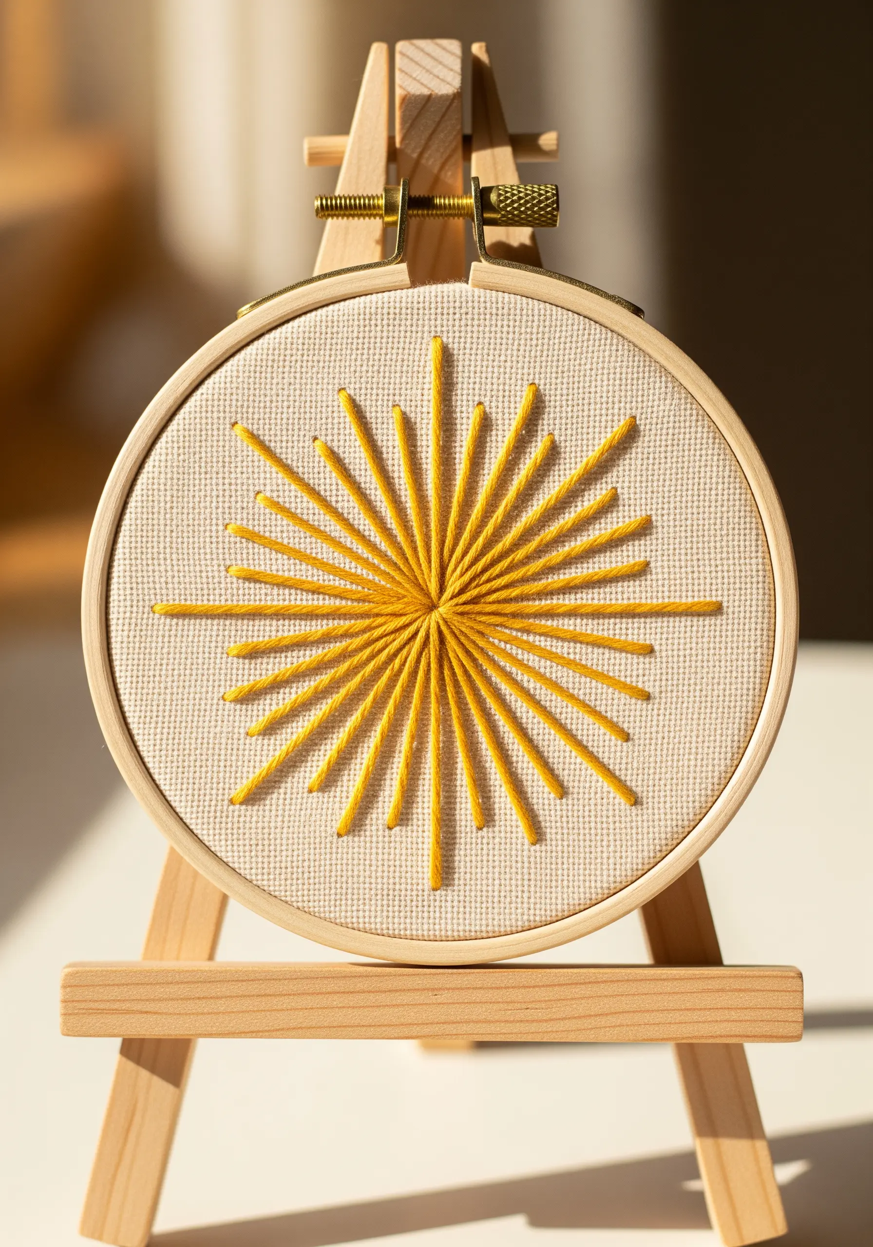 Minimalist yellow sunburst made of straight stitches on neutral evenweave fabric.