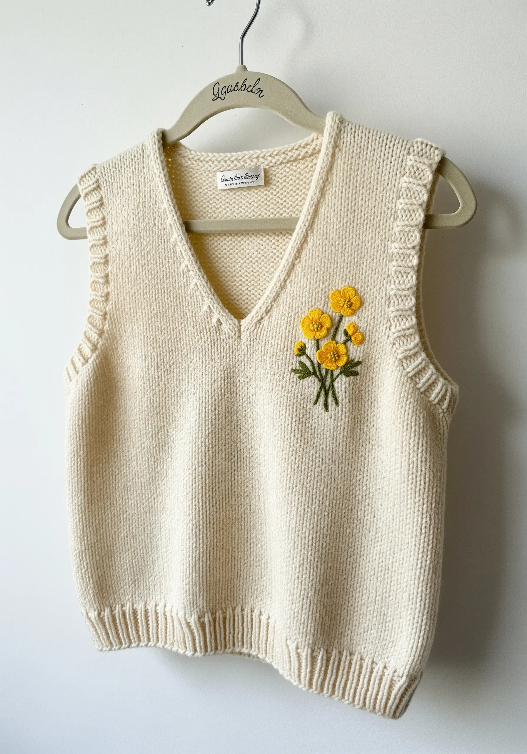 A small, simple sprig of buttercups embroidered on the chest of a cream knit sweater vest.