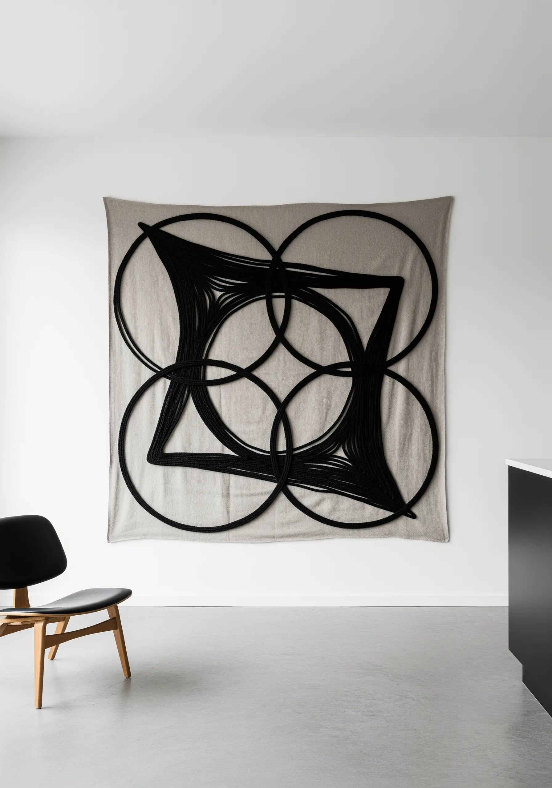 A large linen tapestry with a minimalist geometric design created by taut black yarn.