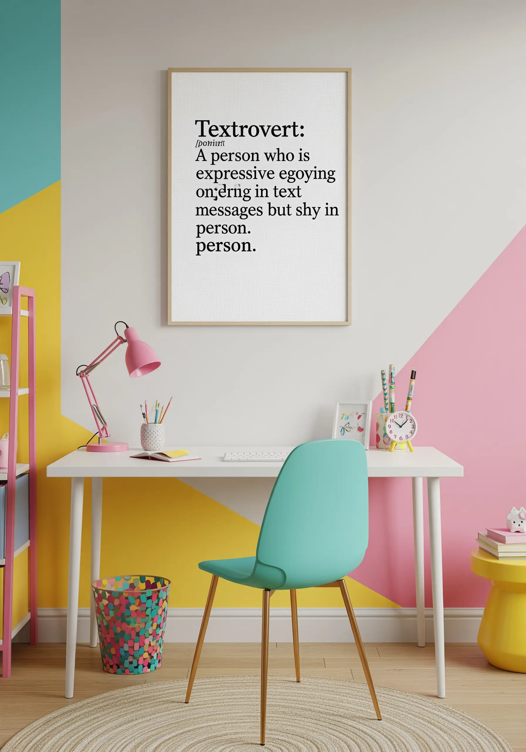 A framed piece of embroidery featuring a modern, witty dictionary-style definition of 'Textrovert'.