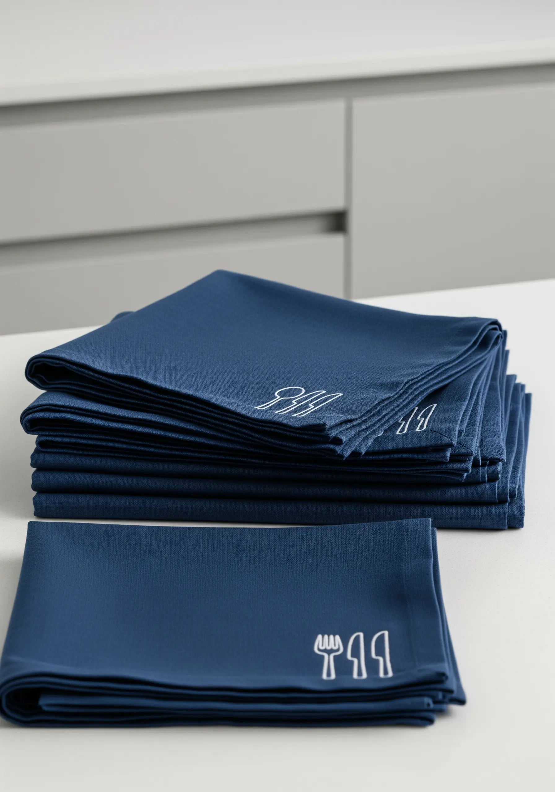 Stacked dark blue napkins with small, white embroidered utensil icons.