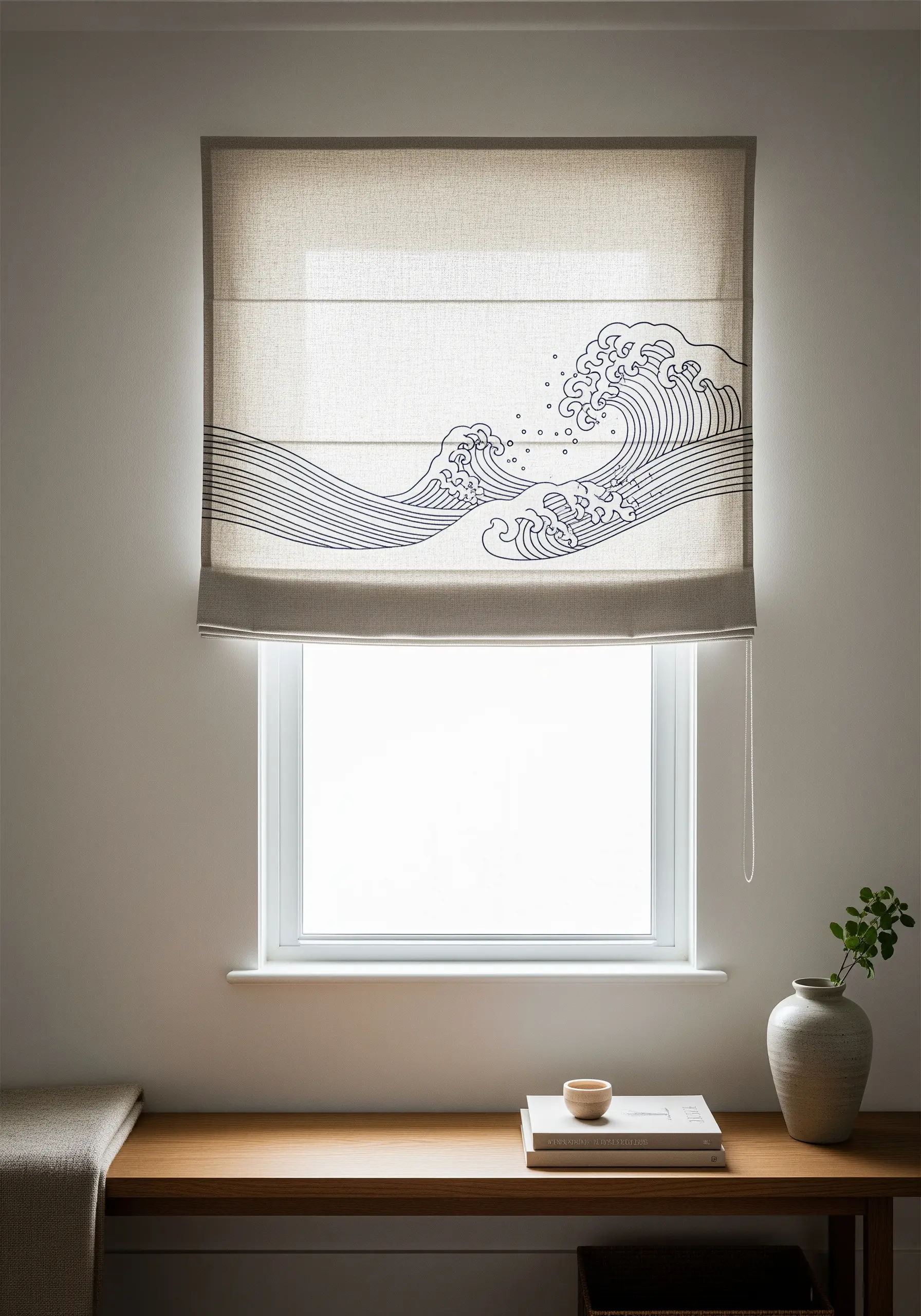 Japanese-style wave embroidered in dark blue line art on a linen blind.