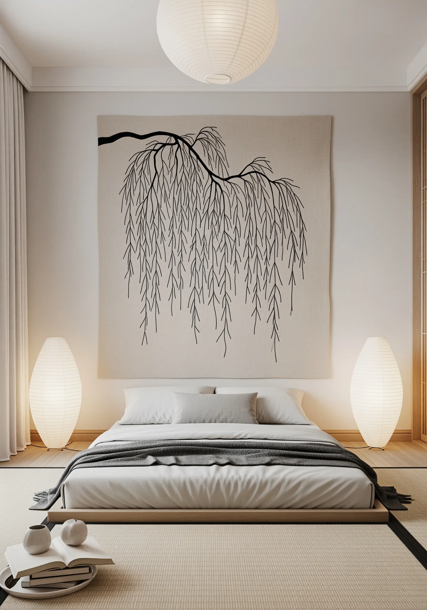 Large-scale wall tapestry with a black embroidered weeping willow branch.