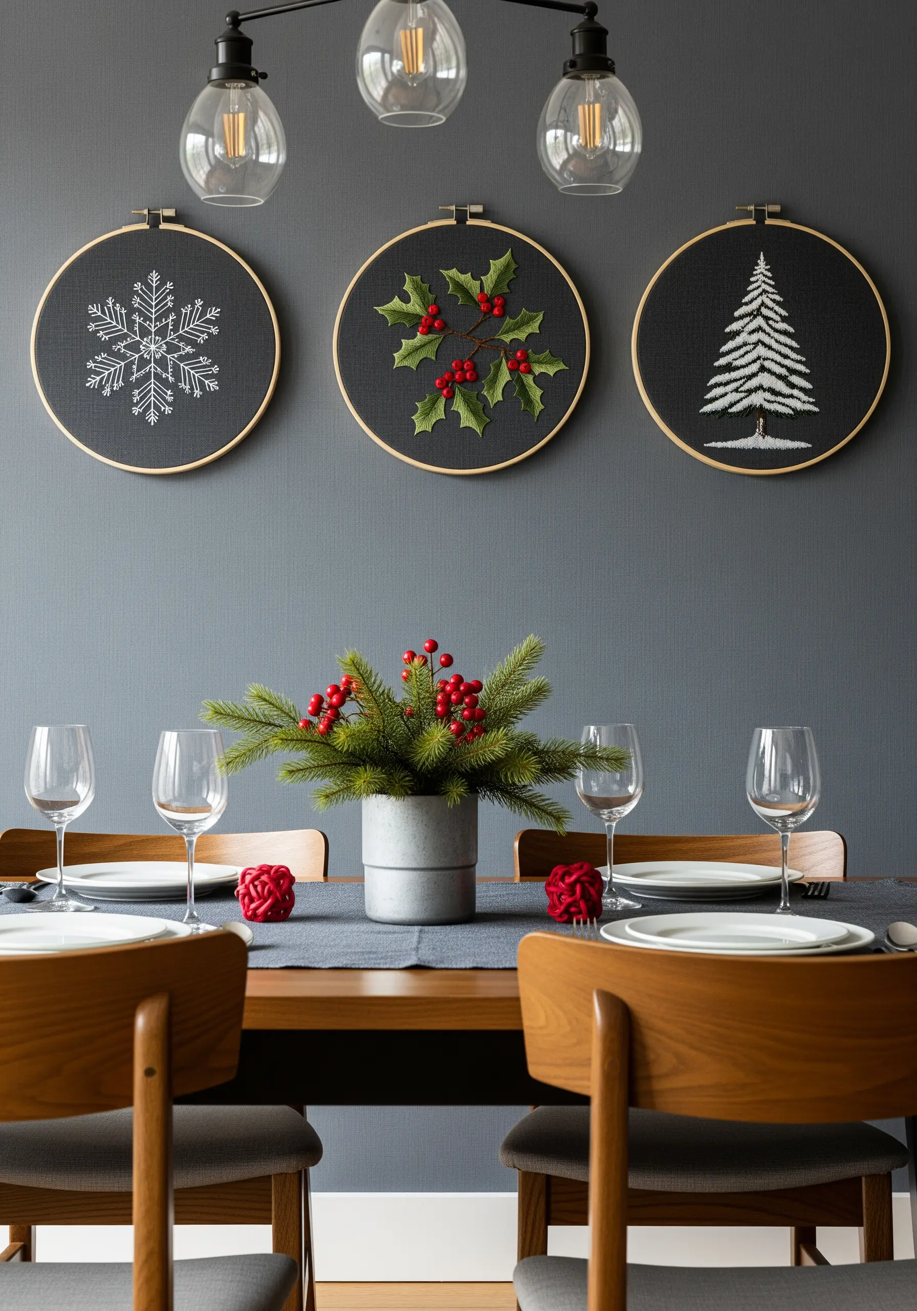 Three embroidery hoops with minimalist winter designs in white on black fabric, above a dining table.