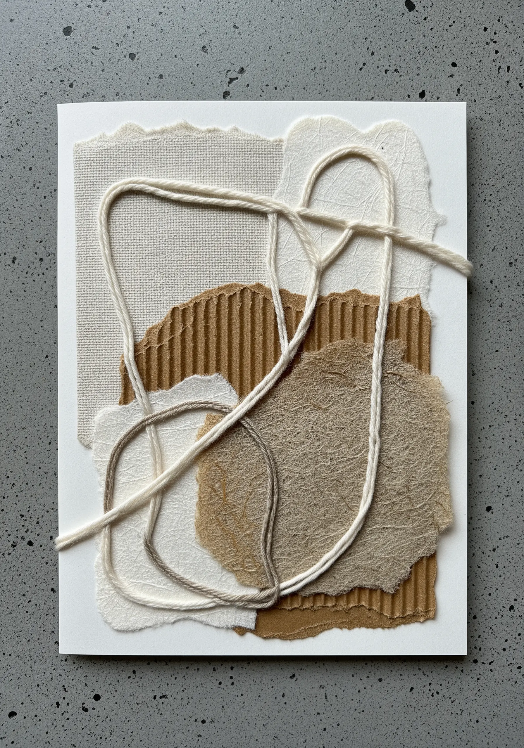 A minimalist collage of neutral textured papers with a thick, couched white yarn line.