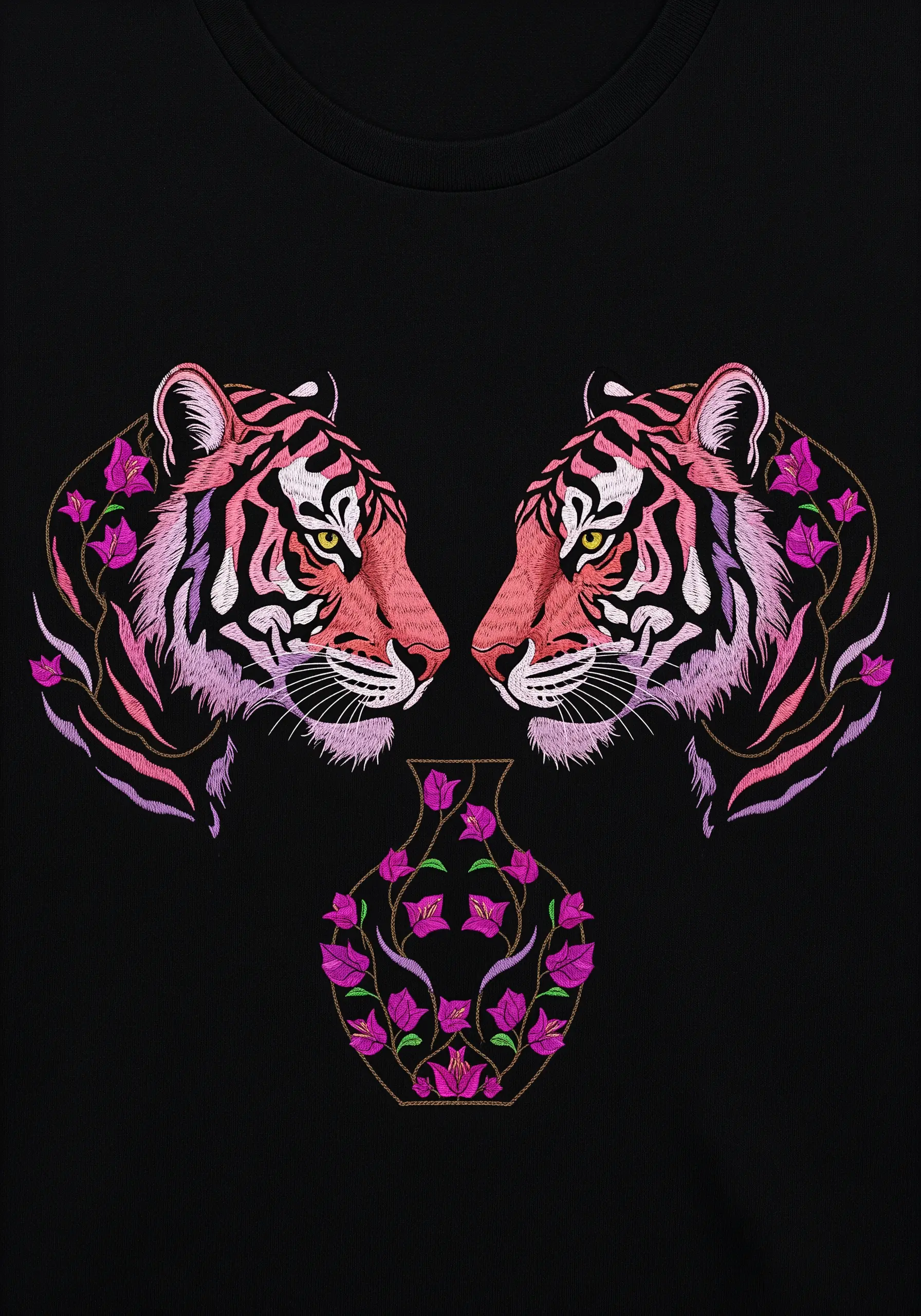 Symmetrical embroidery of two pink-hued tigers facing each other above a floral vase.