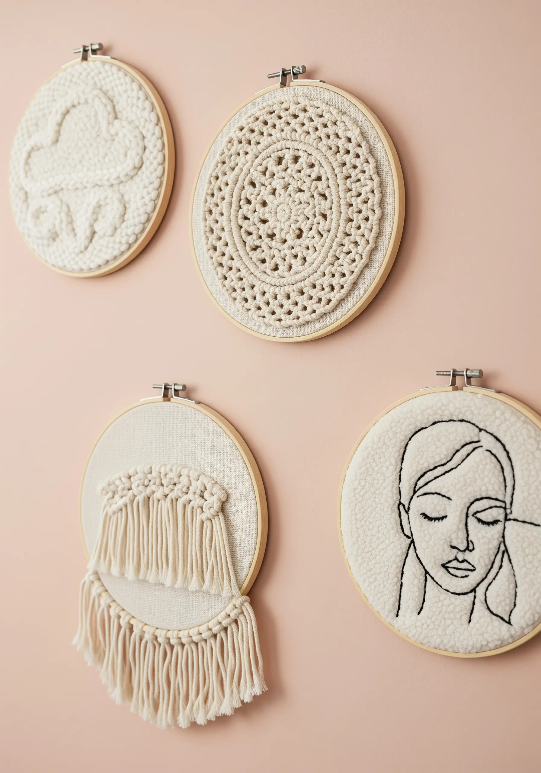 Four embroidery hoops showcasing mixed media: macramé, crochet, and line art on sherpa