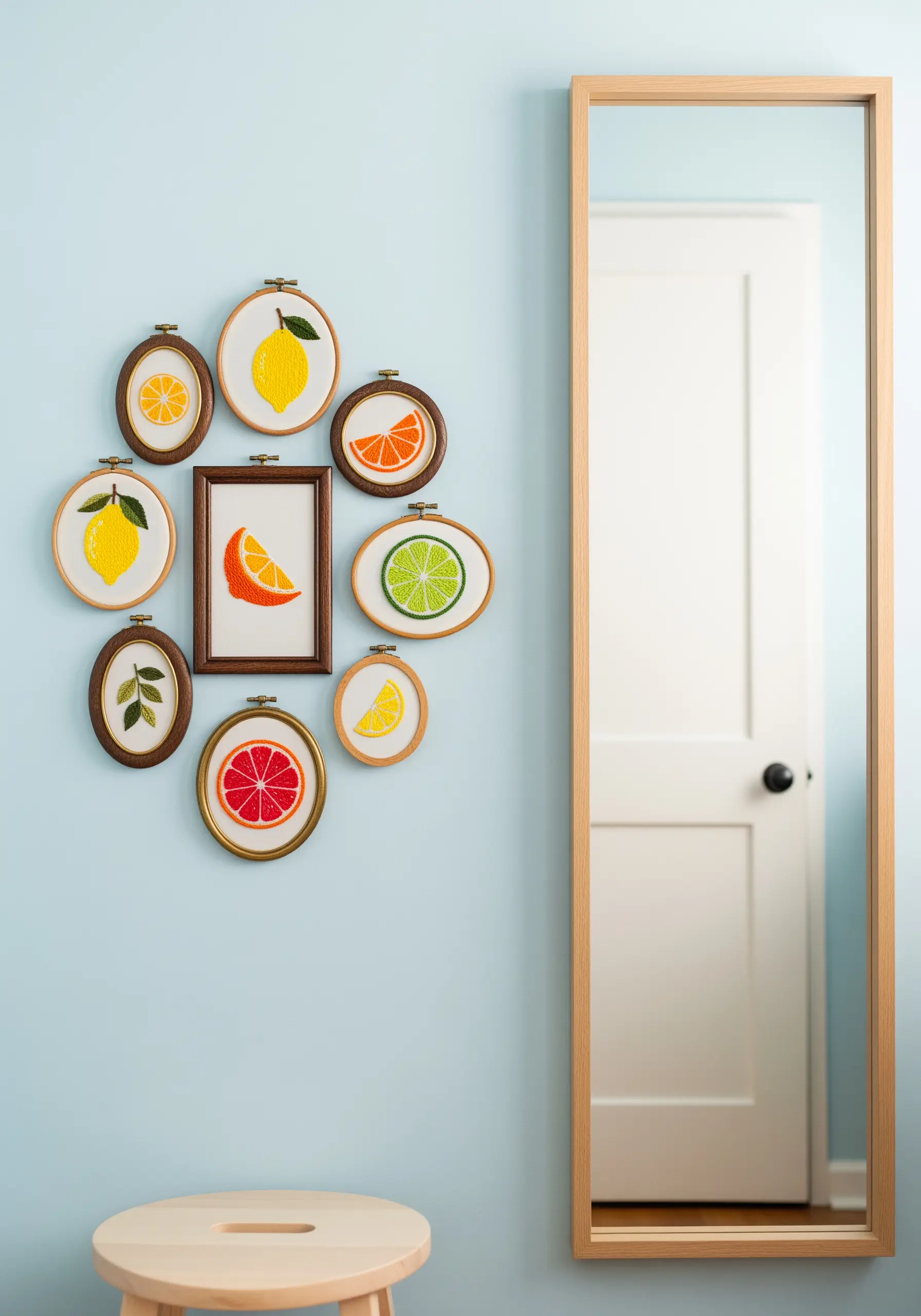 A gallery wall of citrus fruit embroideries in a mix of round, oval, and rectangular frames.