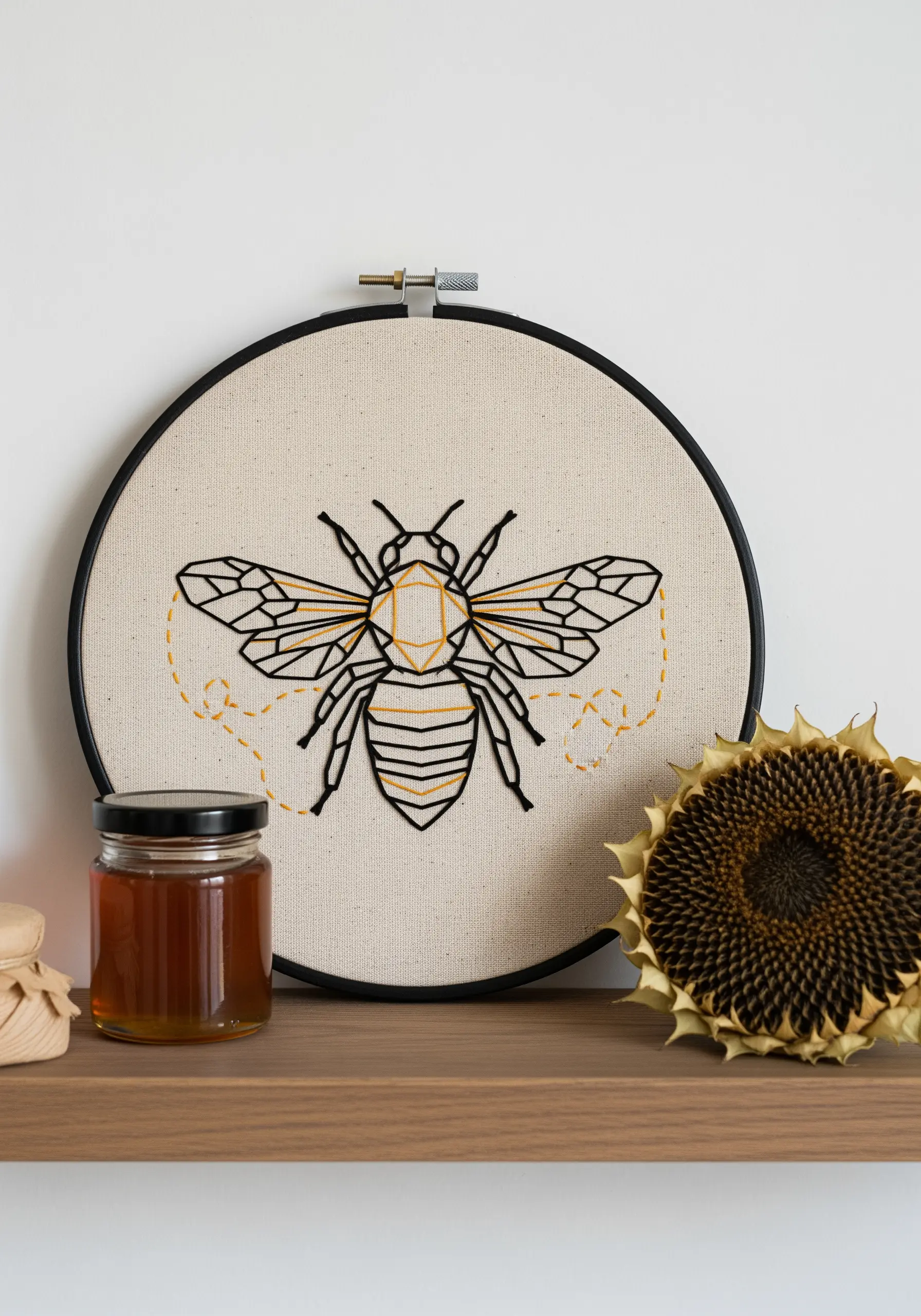 Geometric bee embroidery in a black hoop with a yellow, wandering stitch for the flight path.