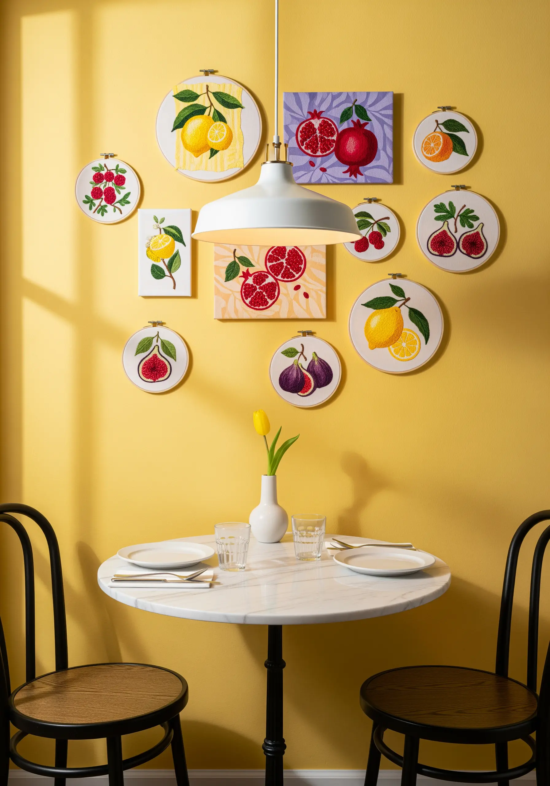 A collection of embroidered fruits in both round hoops and square canvases on a yellow wall.