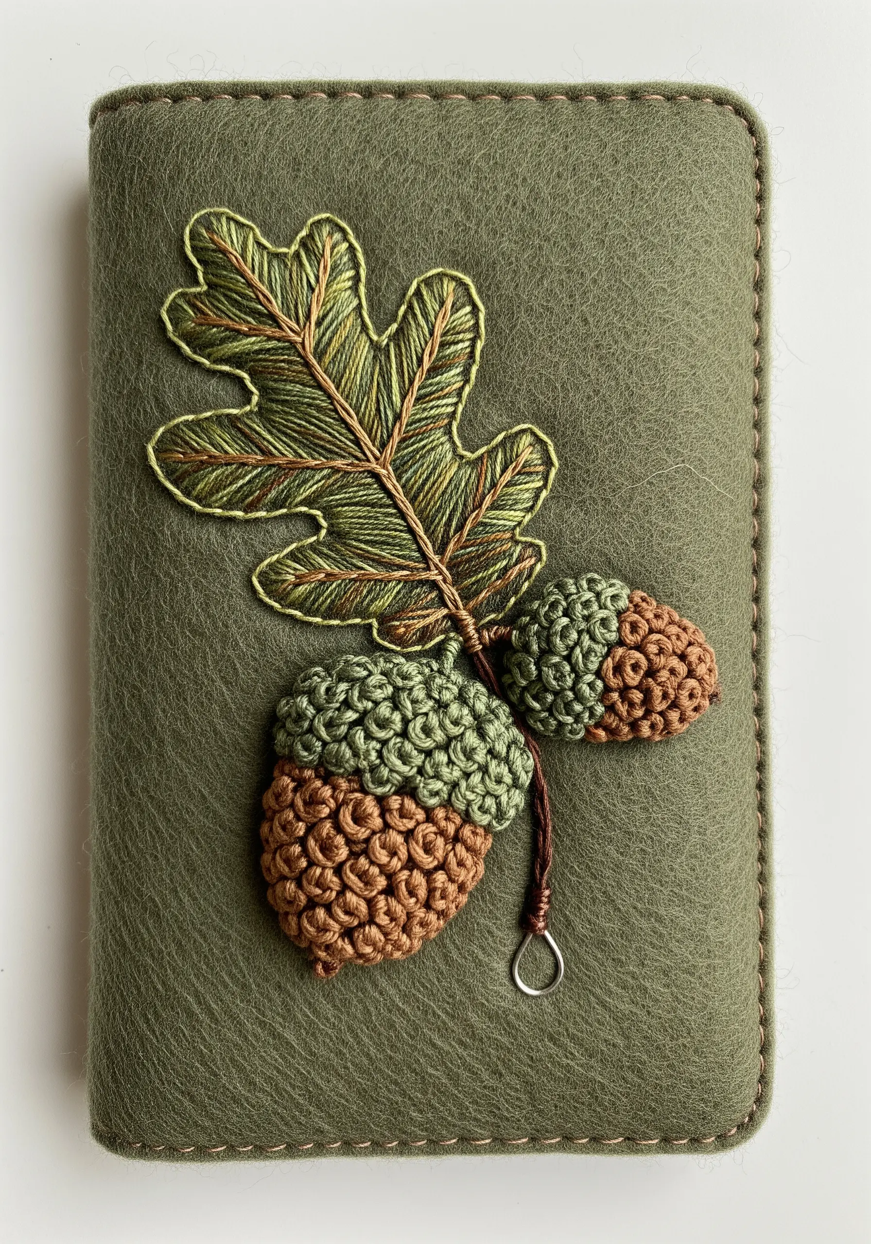 An embroidered oak leaf with two acorns; the caps are made of dimensional French knots.