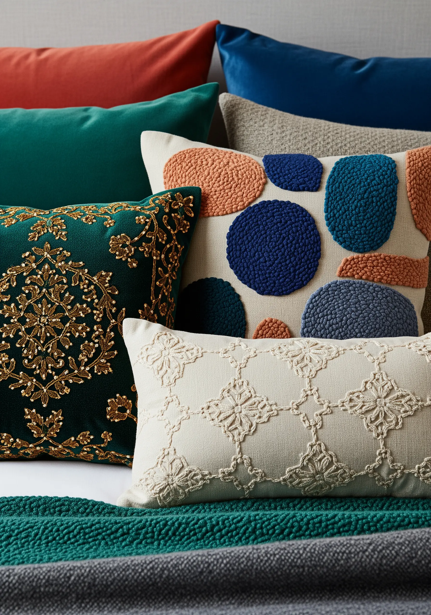 A collection of decorative pillows with varied textures: French knots, sequins, and embroidery.