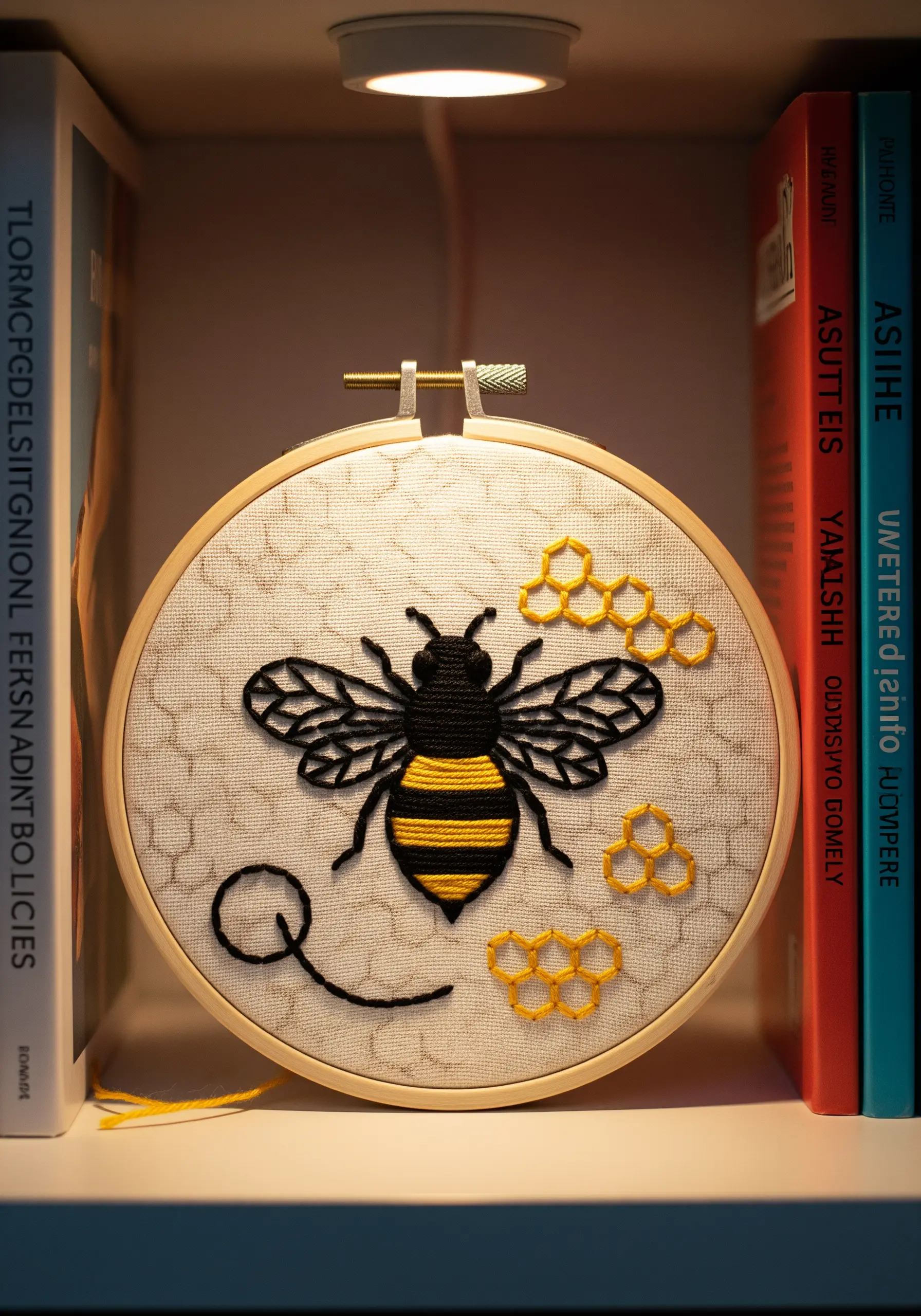 Embroidered bee with a satin-stitched body and outlined wings on textured fabric.