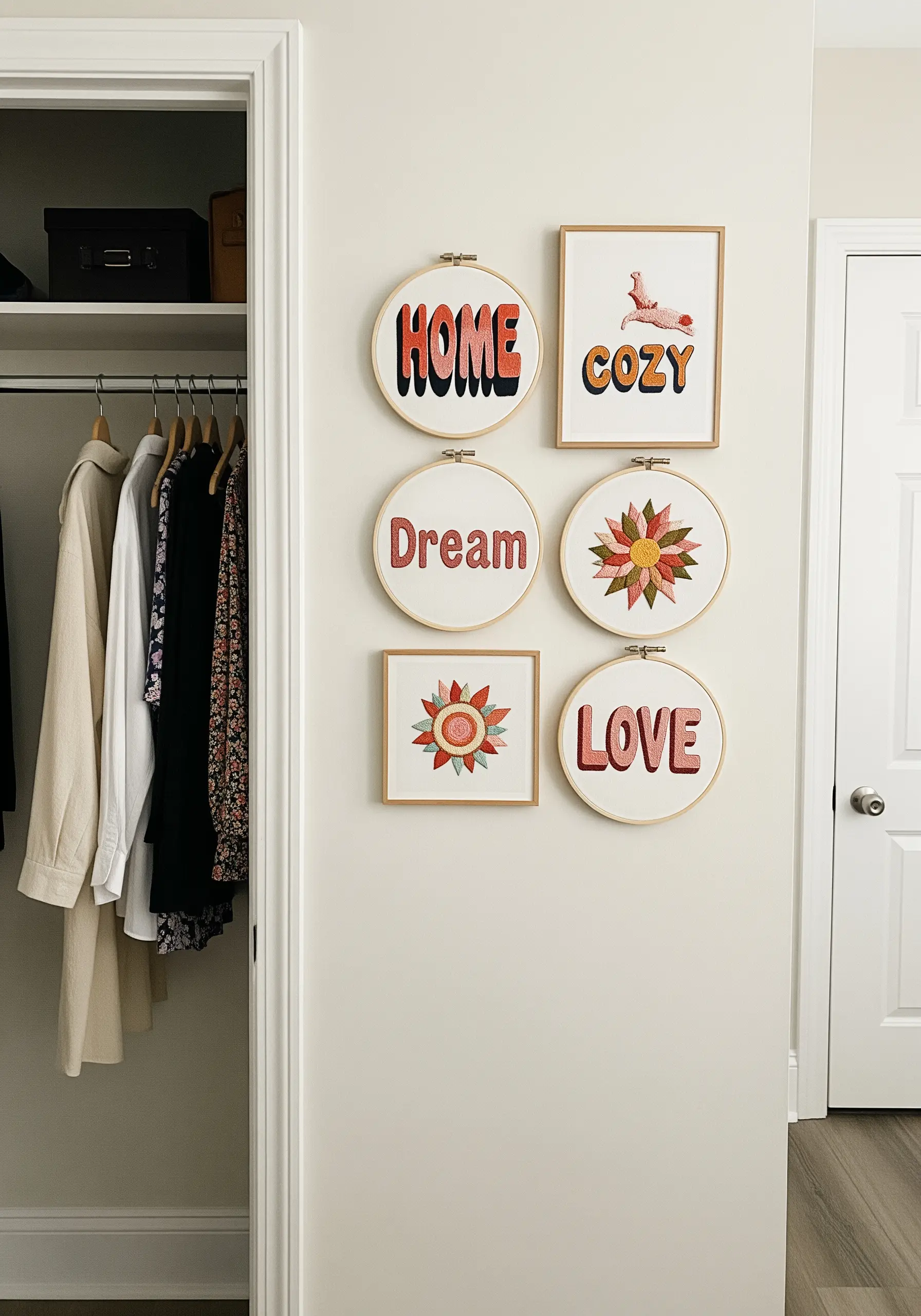 A gallery wall of embroidery hoops and frames with words like 'Home' and 'Dream' mixed with florals