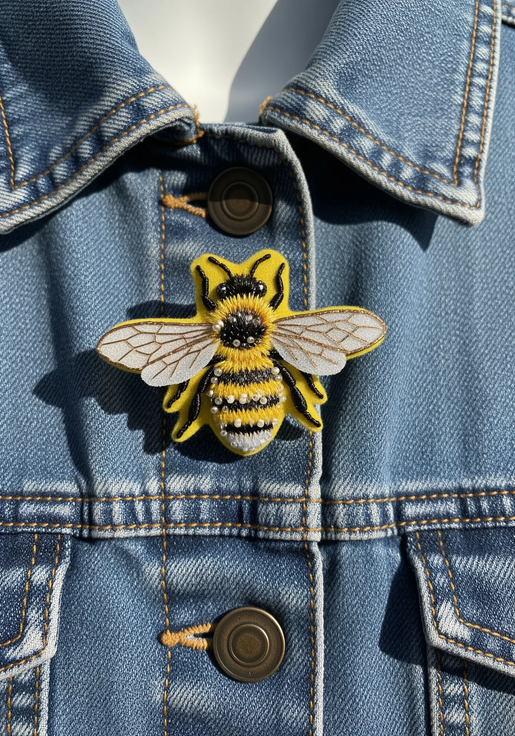 A realistic bee brooch combining embroidery, beading for texture, and sheer organza for the wings.