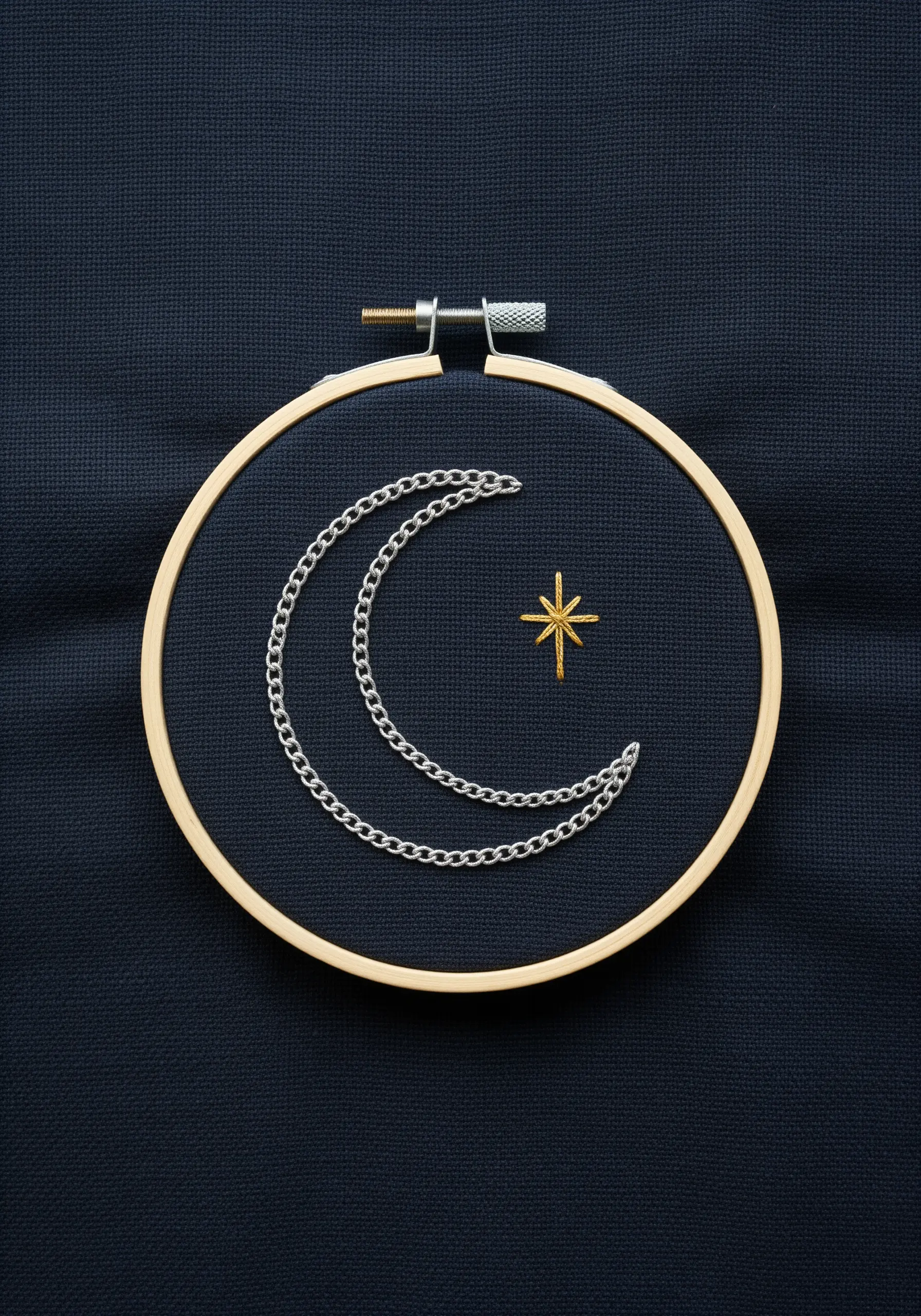 Embroidery of a crescent moon made from silver chain and a stitched gold star on black fabric.