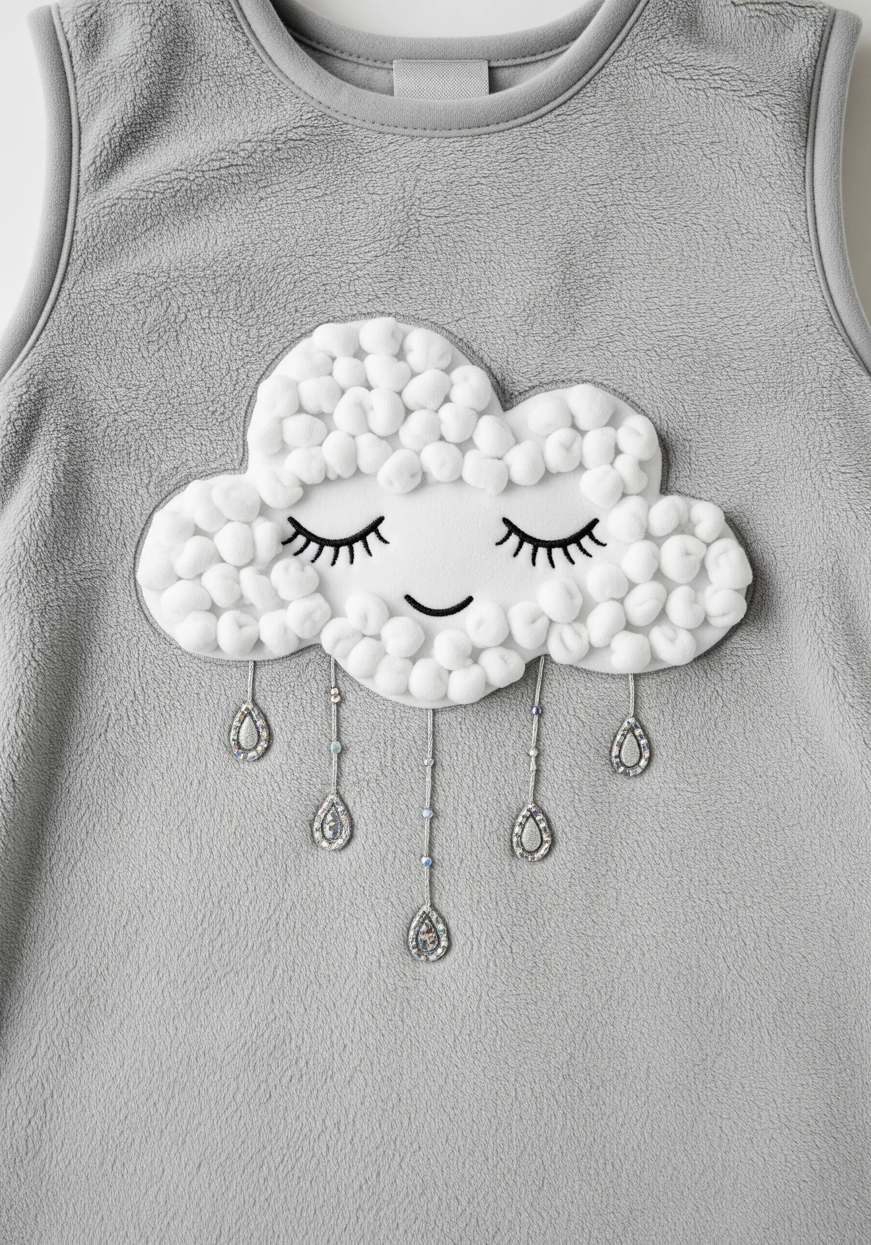 Mixed-media cloud with pom-poms and beaded raindrops on a grey fleece garment.