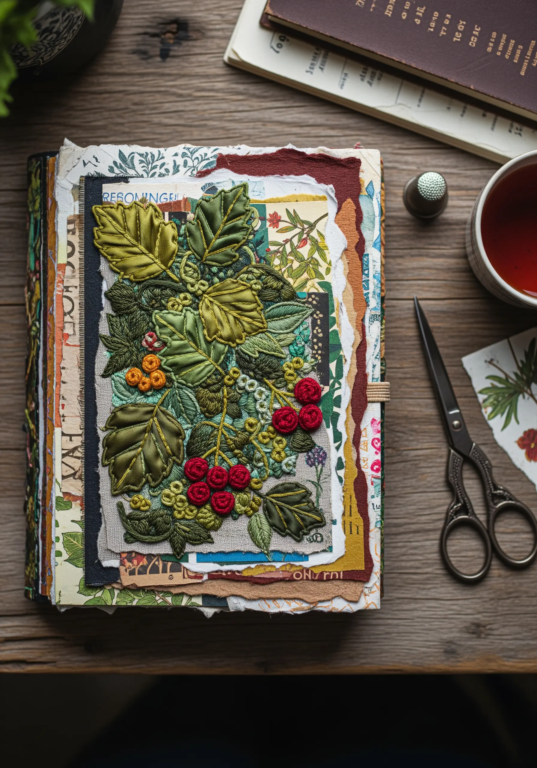 A dimensional ribbon embroidery of leaves and berries on a layered paper collage journal cover.