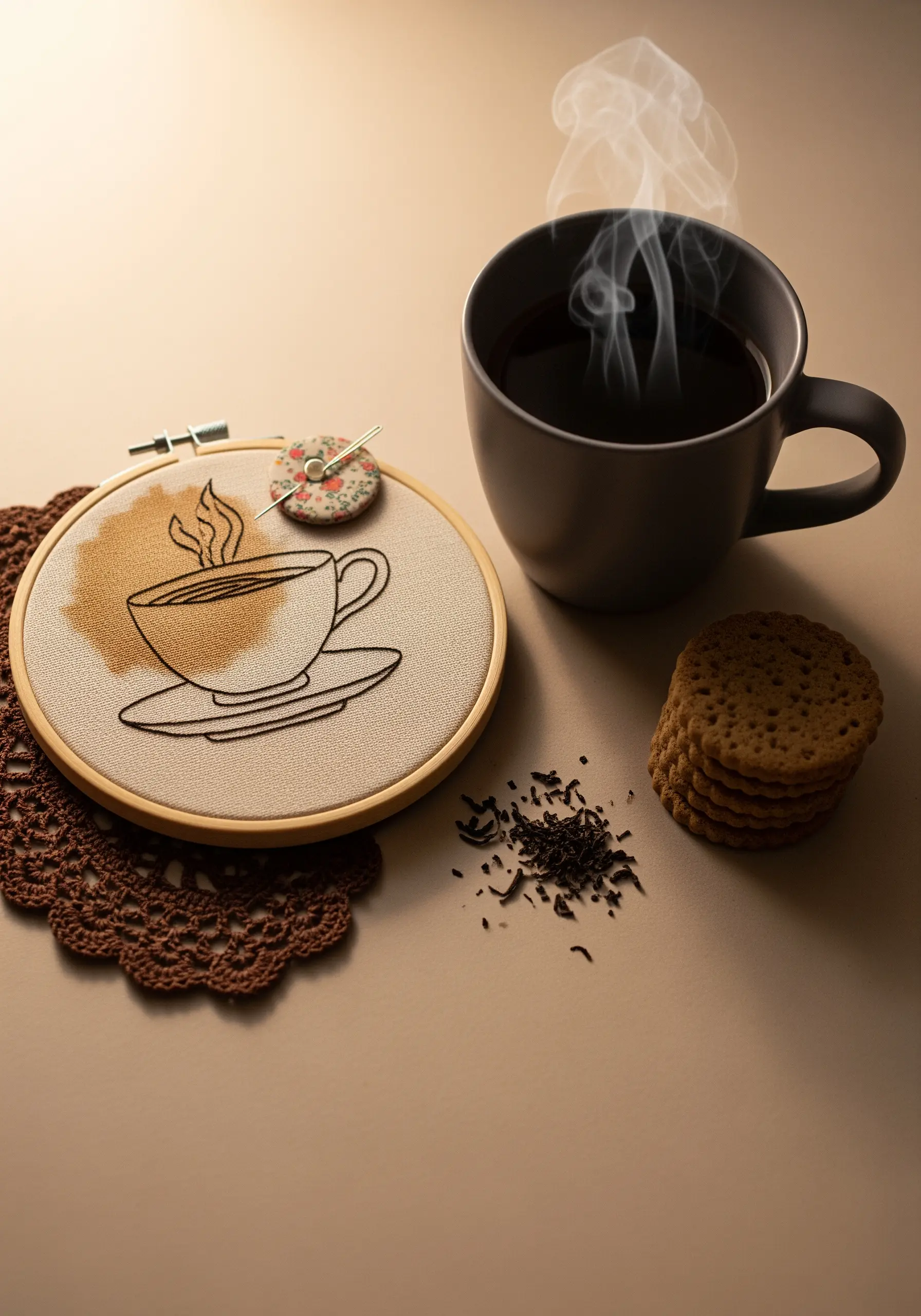 A line art coffee cup embroidered over a real coffee stain on the fabric.