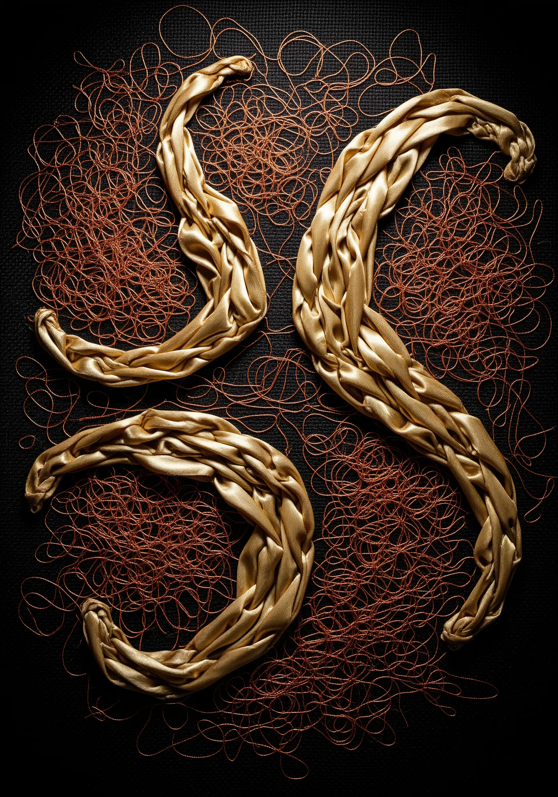 Mixed media embroidery with folded gold ribbon and a nest of fine copper metallic thread.