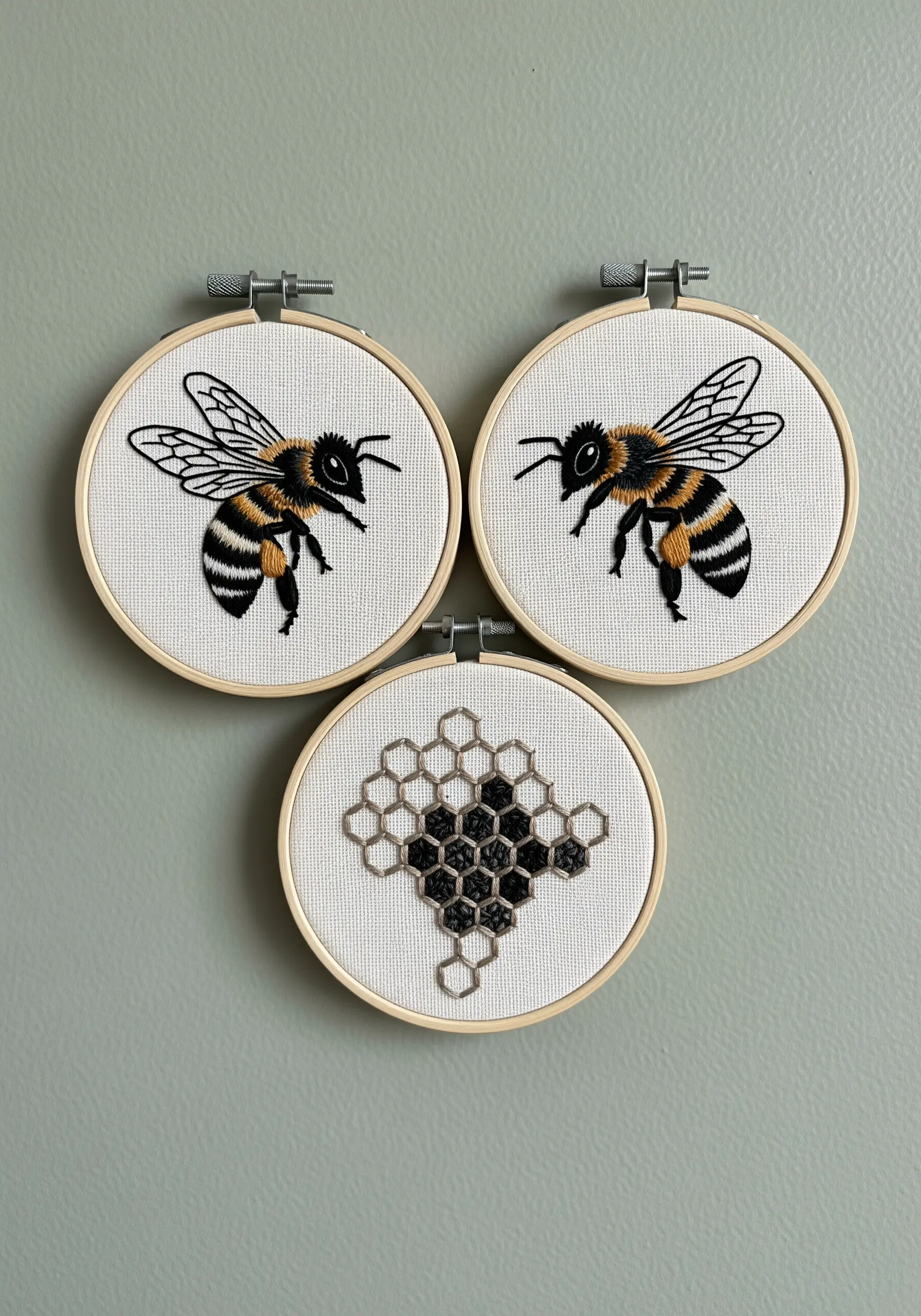 A trio of small embroidery hoops featuring two realistic bees and a geometric honeycomb.