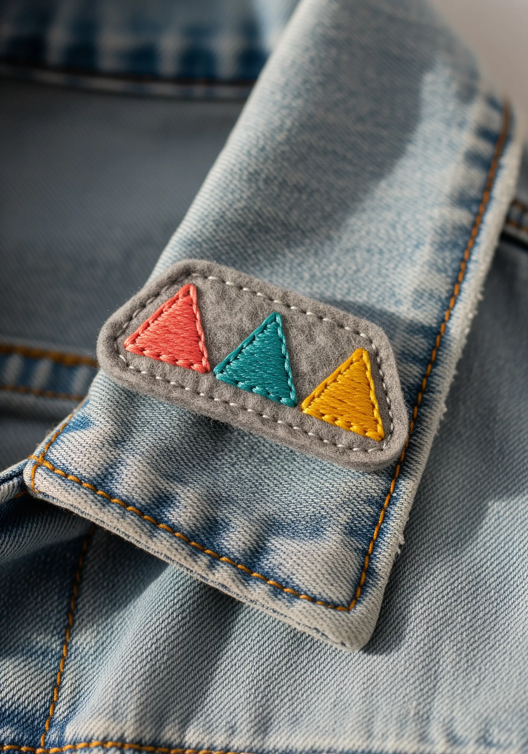 A handmade felt patch with three colorful embroidered triangles on a denim collar.