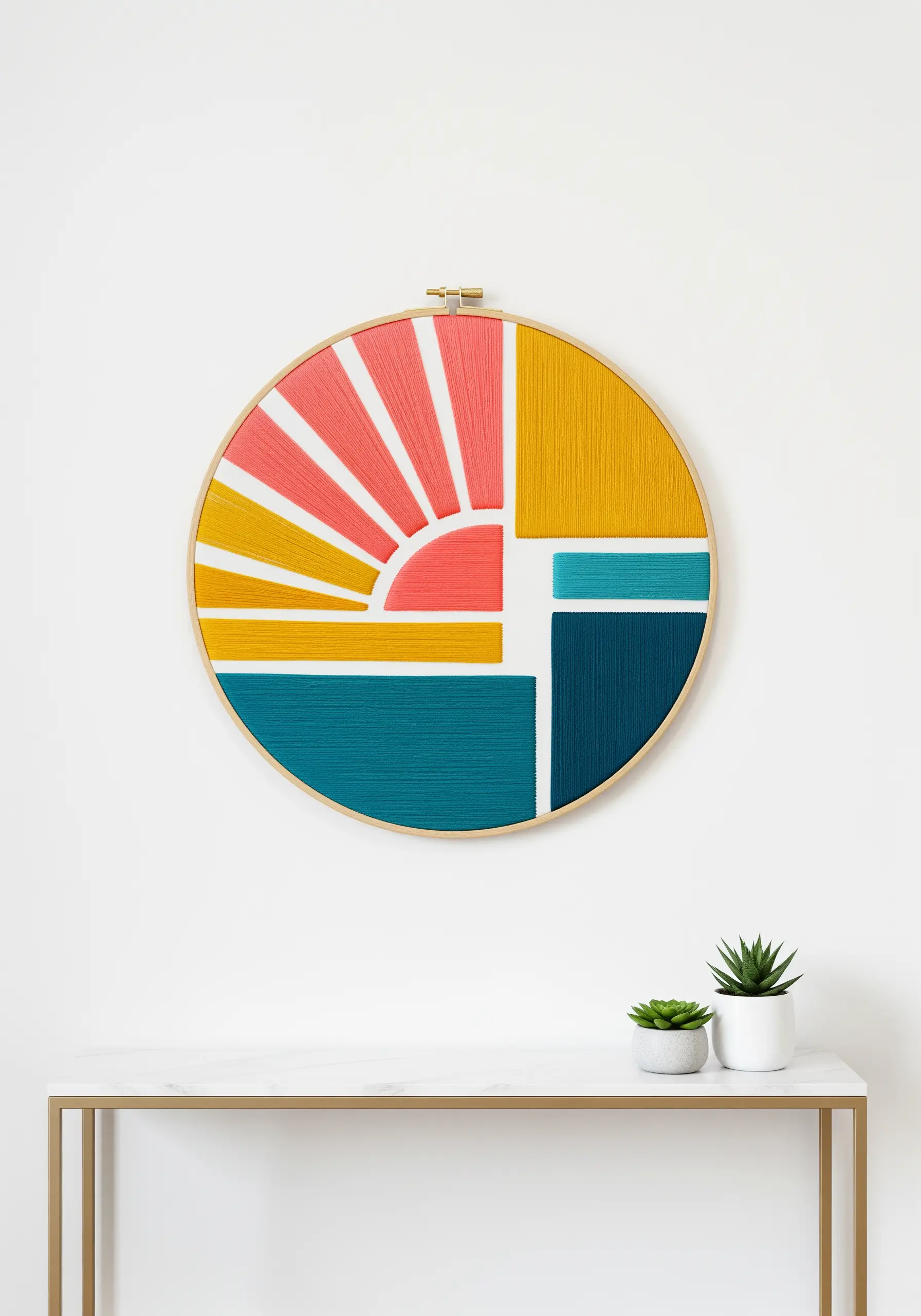 Geometric sunset hoop art with bold color blocks of yellow, coral, and teal satin stitch.