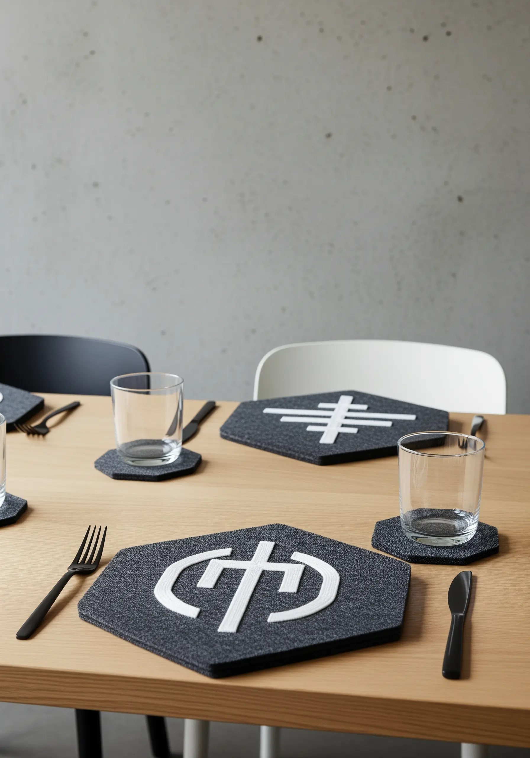 Hexagonal placemats with raised white appliqué symbols on a dark gray felt base.