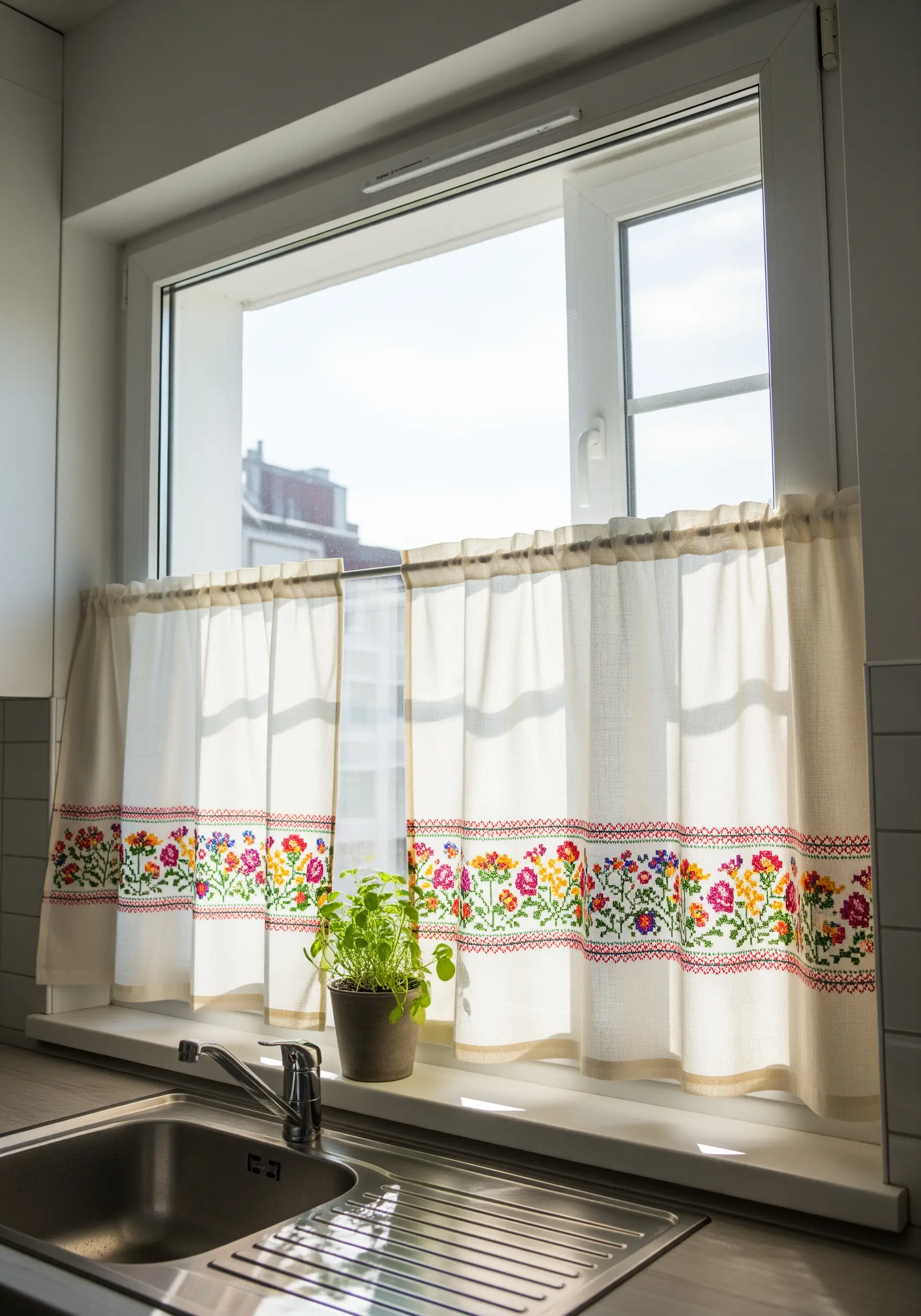 A colorful cross-stitch floral border on a short linen kitchen curtain.