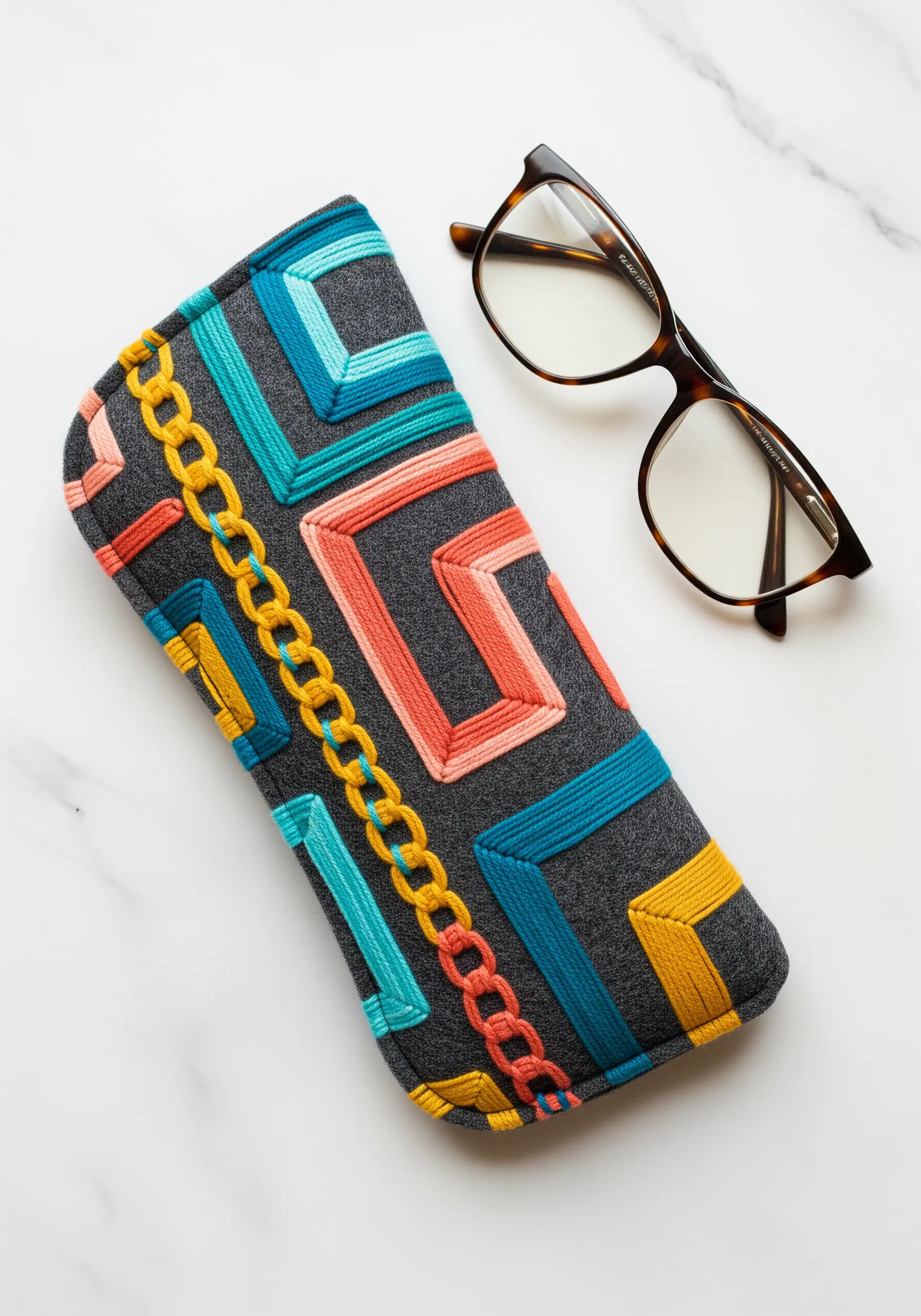 A soft glasses case with a colorful, interlocking geometric pattern and a gold chain stitch.