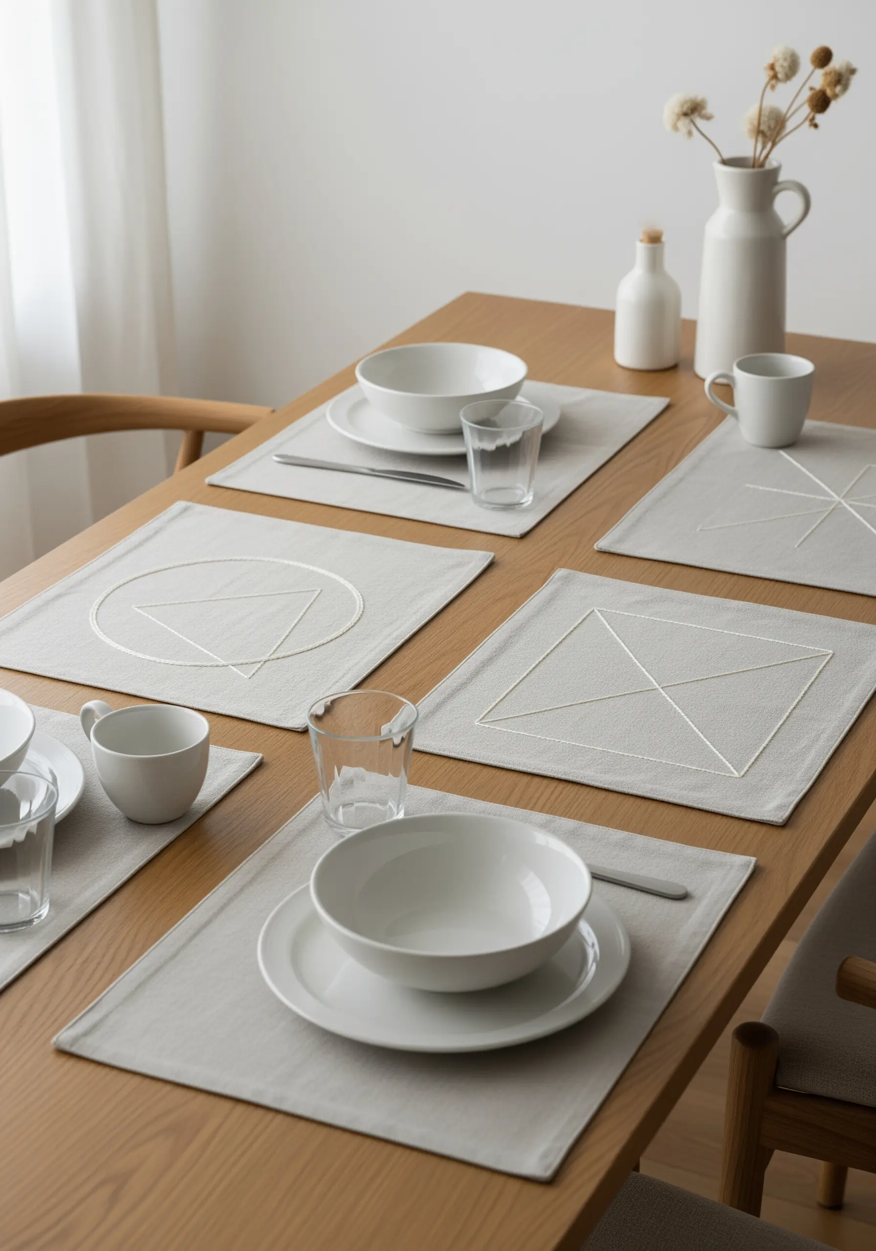 Minimalist geometric shapes embroidered in white on grey linen placemats.