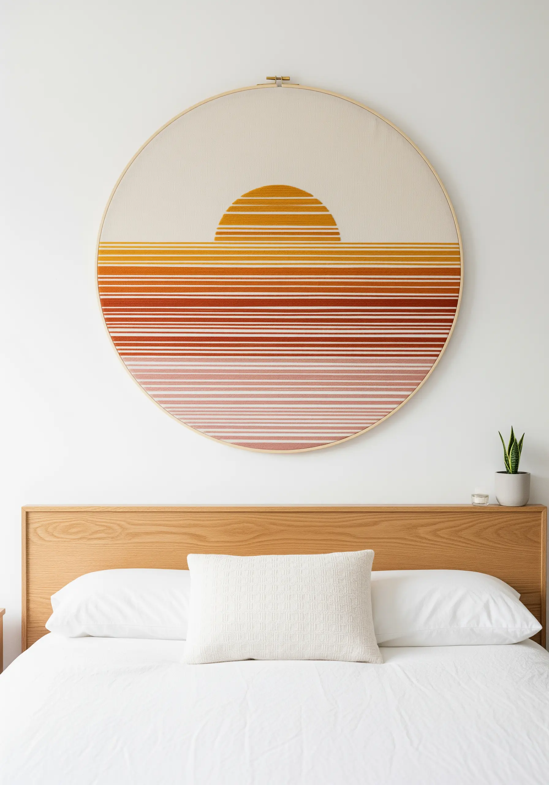 Large-scale embroidery hoop art of a minimalist sunset in a warm color gradient.