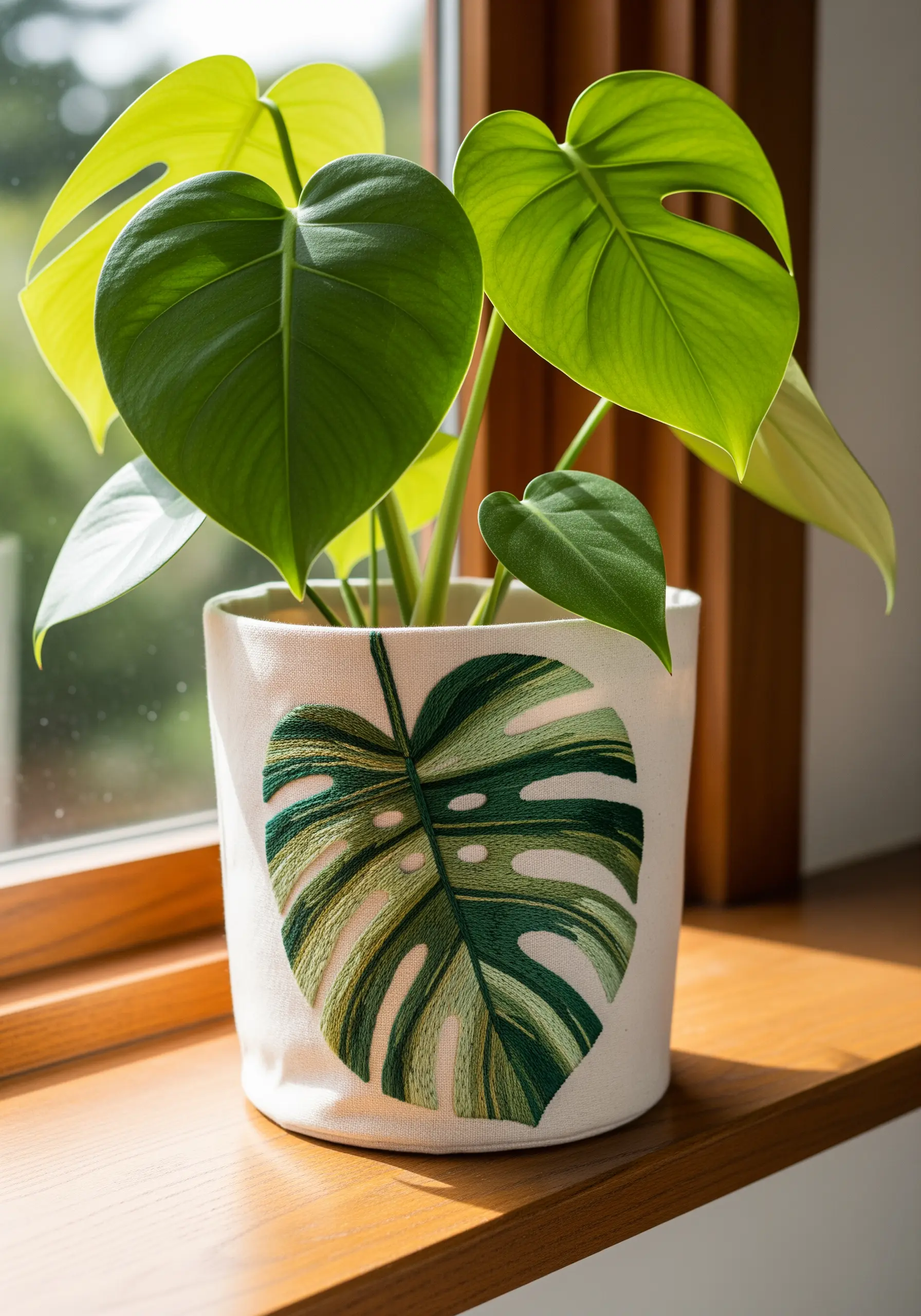 A fabric plant pot cover embroidered with a large, color-blocked monstera leaf.