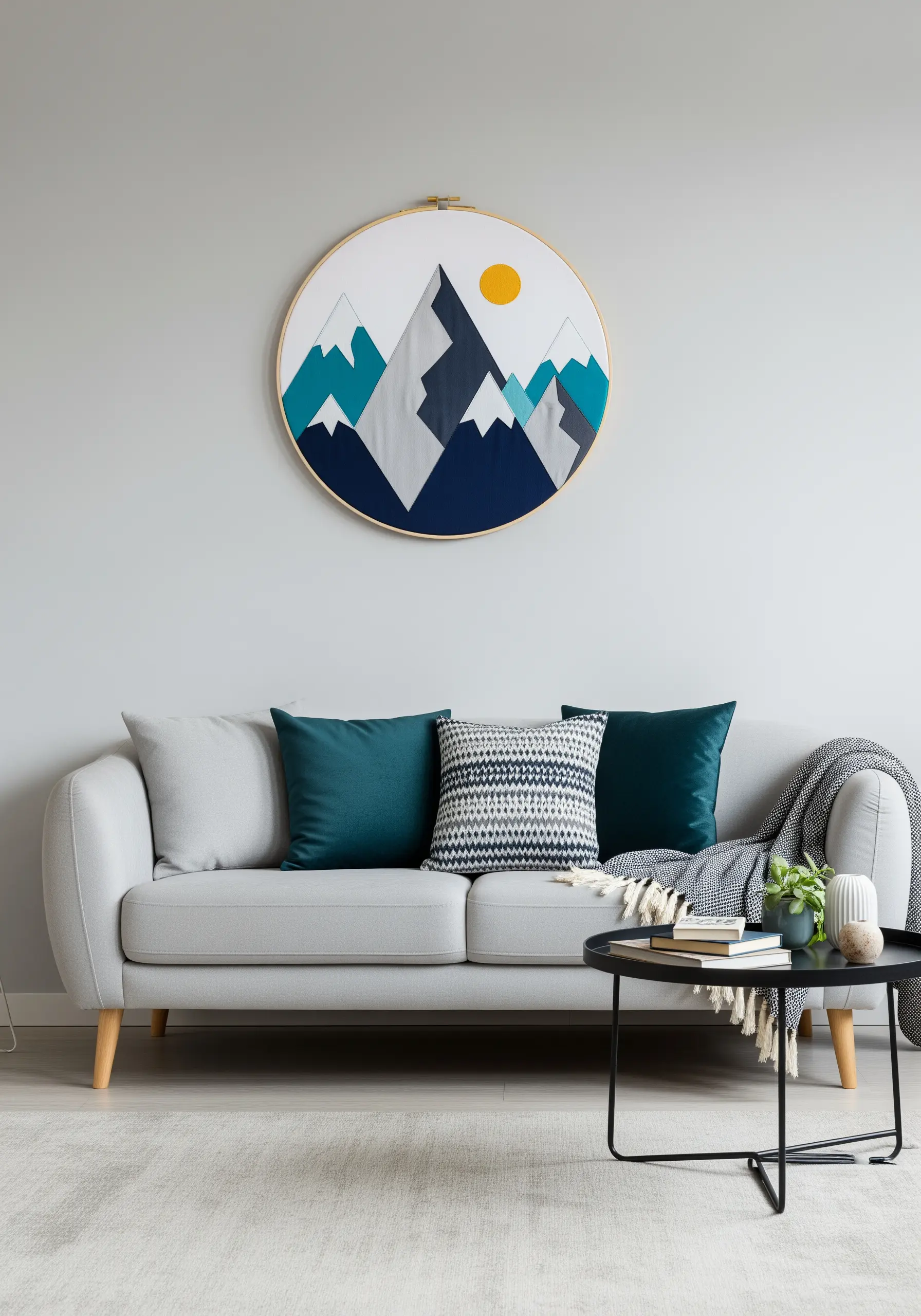 A modern embroidery hoop with geometric mountain shapes made from fabric appliqué.