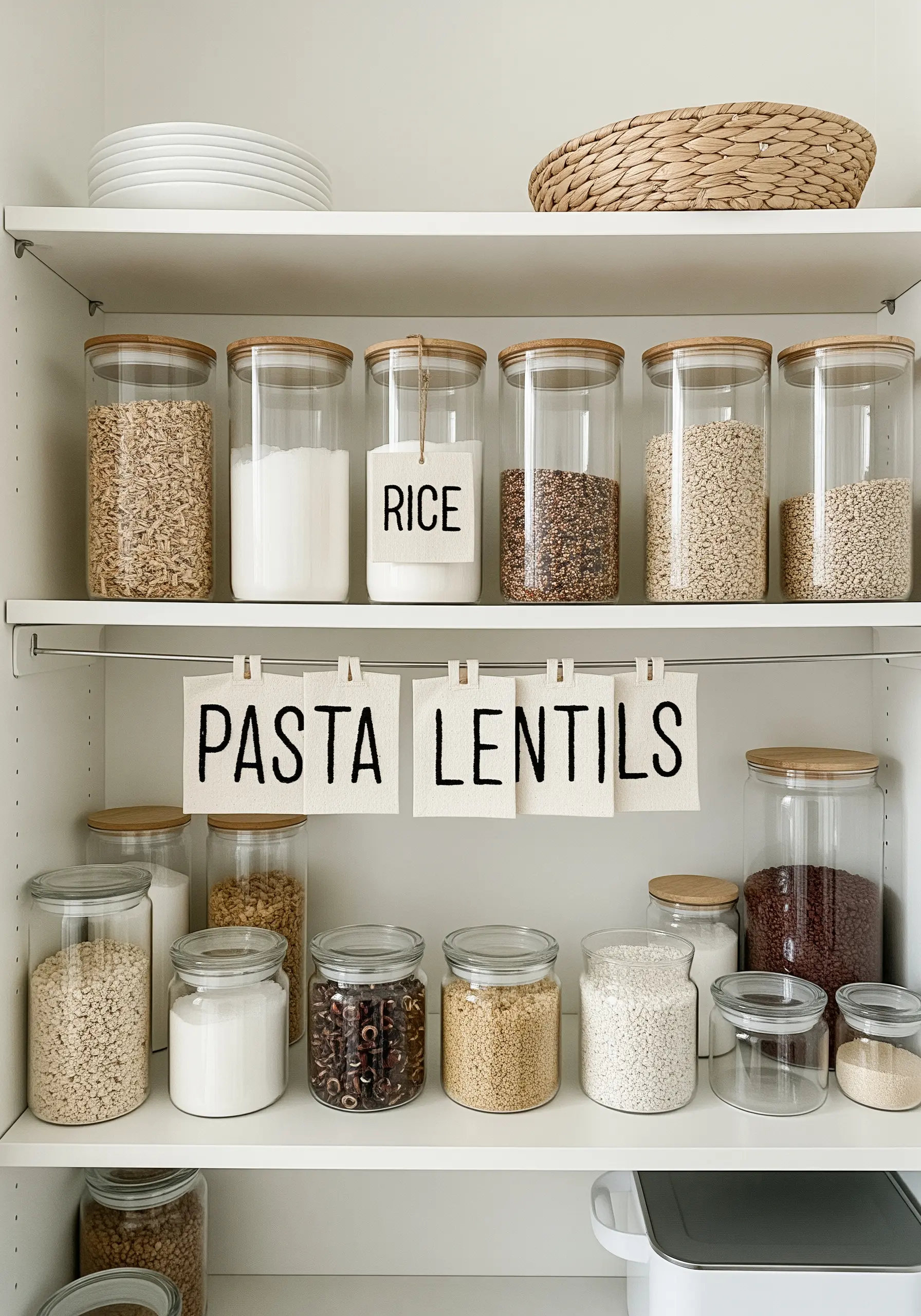 Embroidered labels for 'Pasta' and 'Lentils' clipped to shelves in a white pantry.