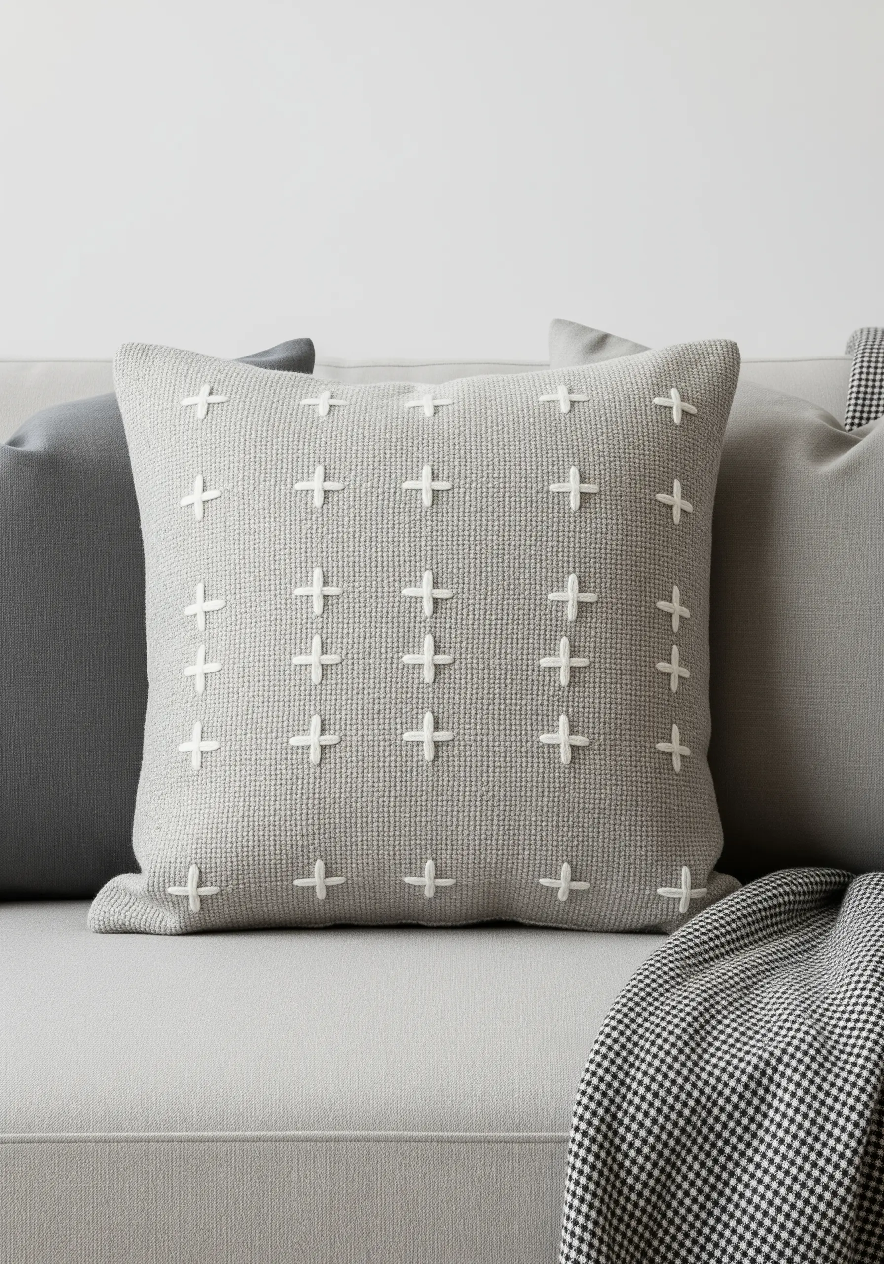 A gray pillow decorated with a grid of white woven plus-sign stitches.