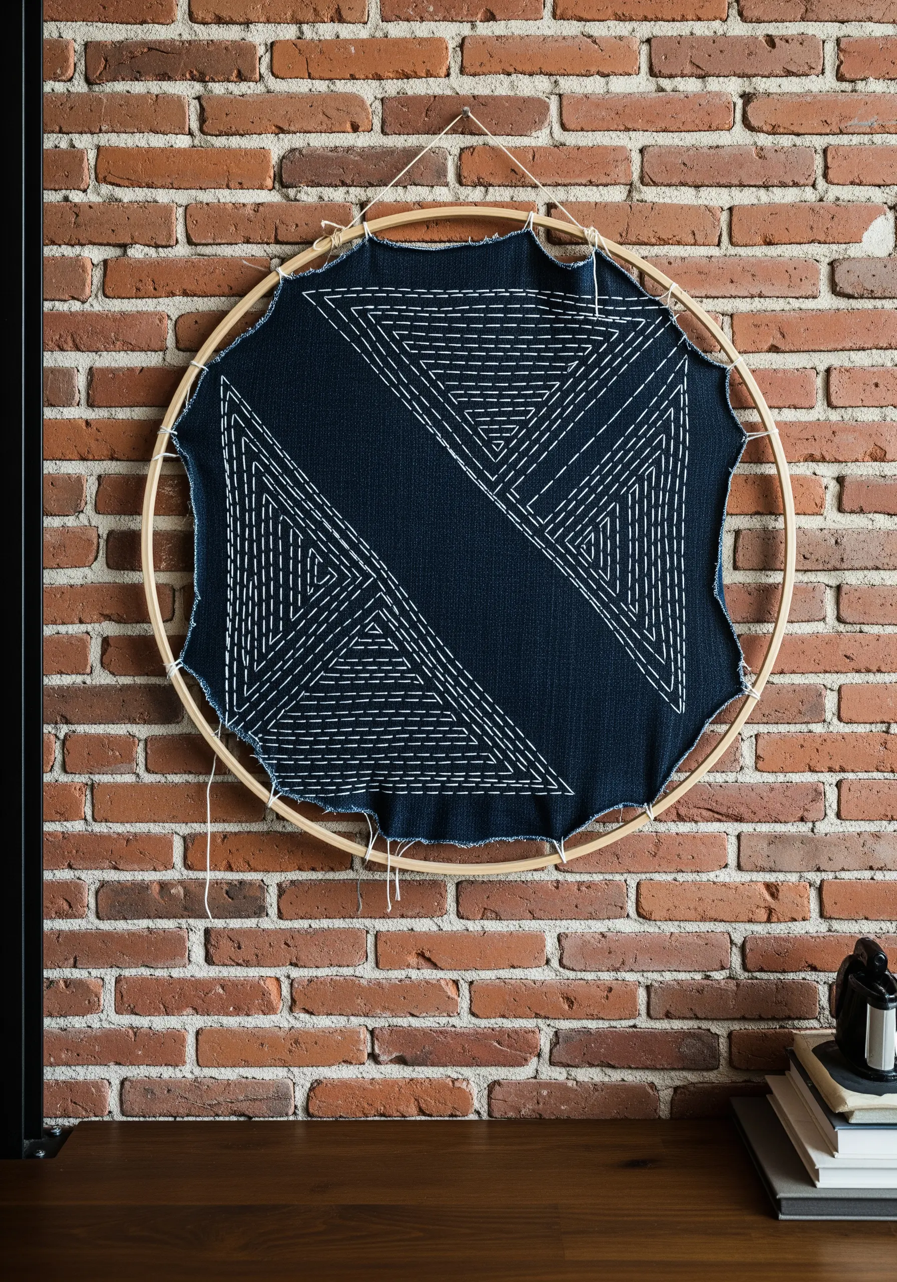Geometric Sashiko-style stitching on dark fabric with raw edges in a large hoop.