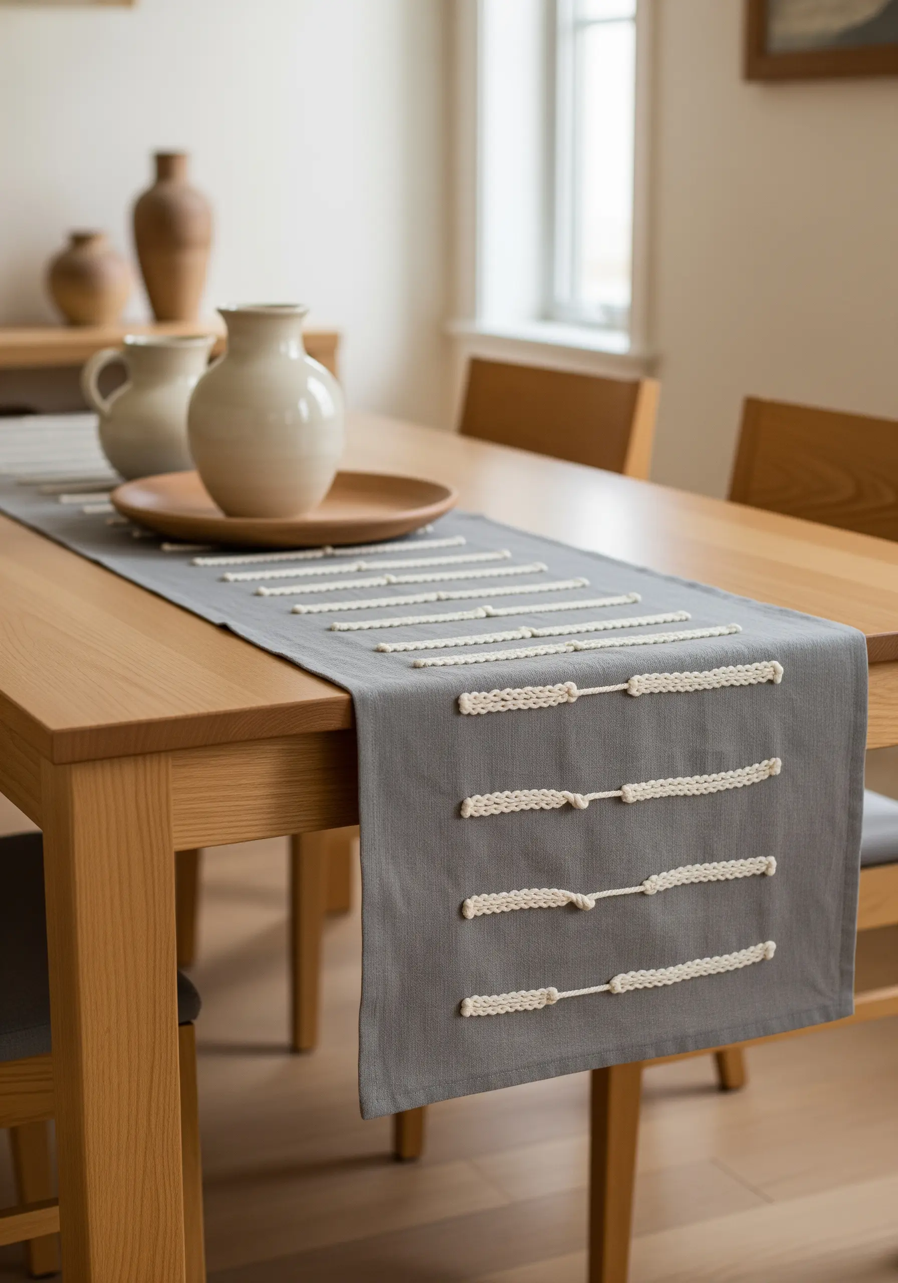 Textured bands with a woven effect using thick cream yarn on a gray runner